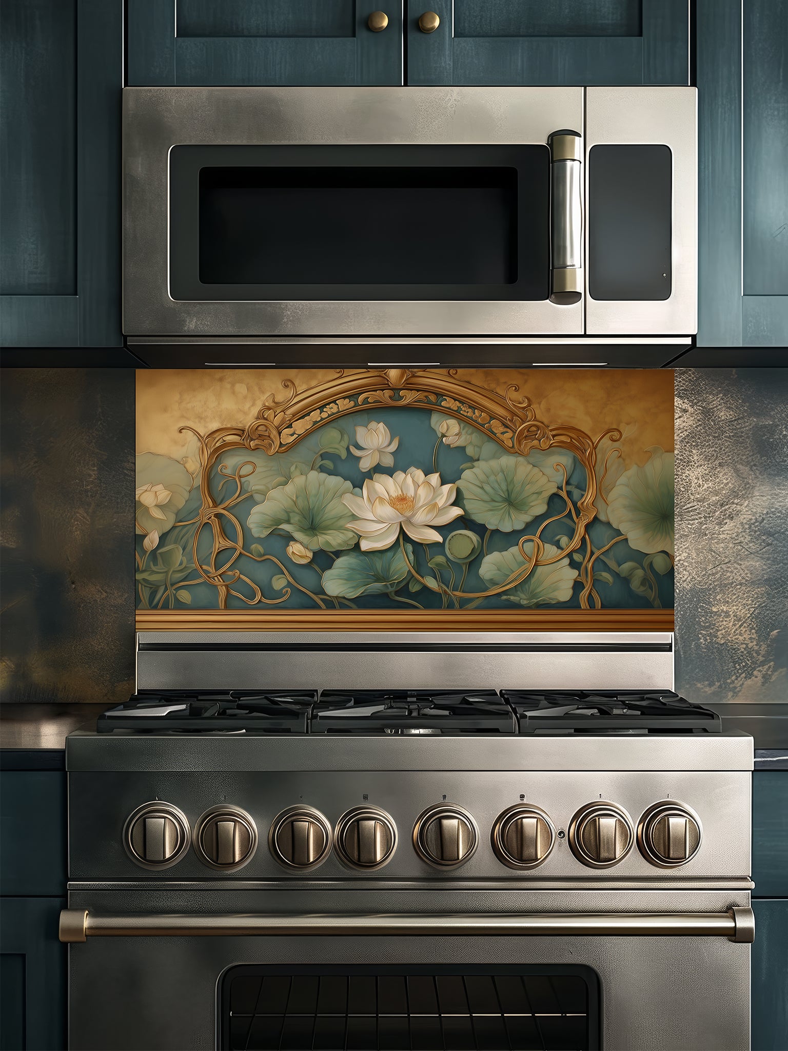 Tempered glass kitchen backsplash featuring a realistic 3D-effect ornate vintage gold frame enclosing a classic painting of white lotus flowers and lily pads on a teal background, installed behind a modern stainless steel stove.