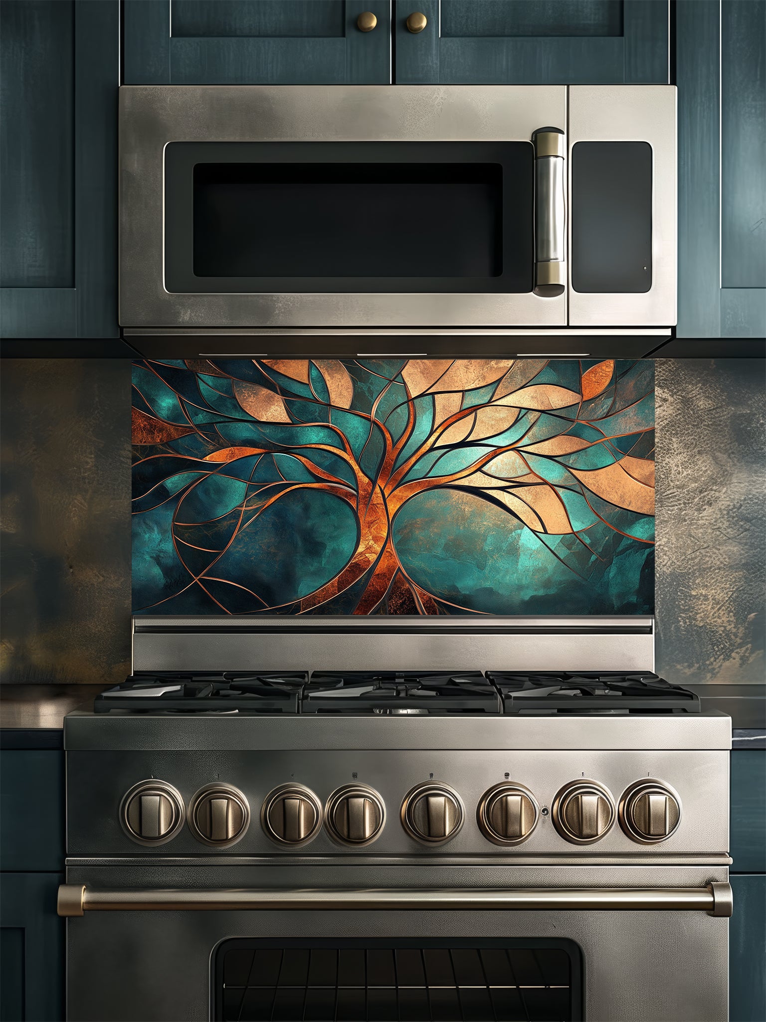 Tempered glass kitchen backsplash featuring a highly realistic 3D illusion of a stained glass and metallic Tree of Life with glowing gold, bronze, and copper branches against a rich teal and emerald background, installed behind a modern black stove.