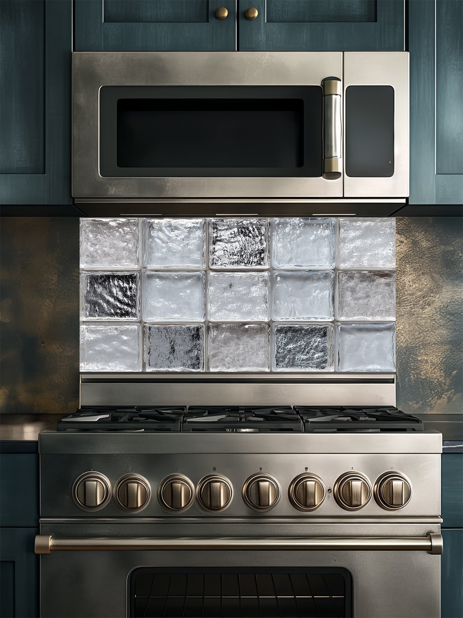 Faux clear glass block and ice texture 3D effect UV printed on a smooth tempered glass kitchen backsplash, installed behind a modern stove.