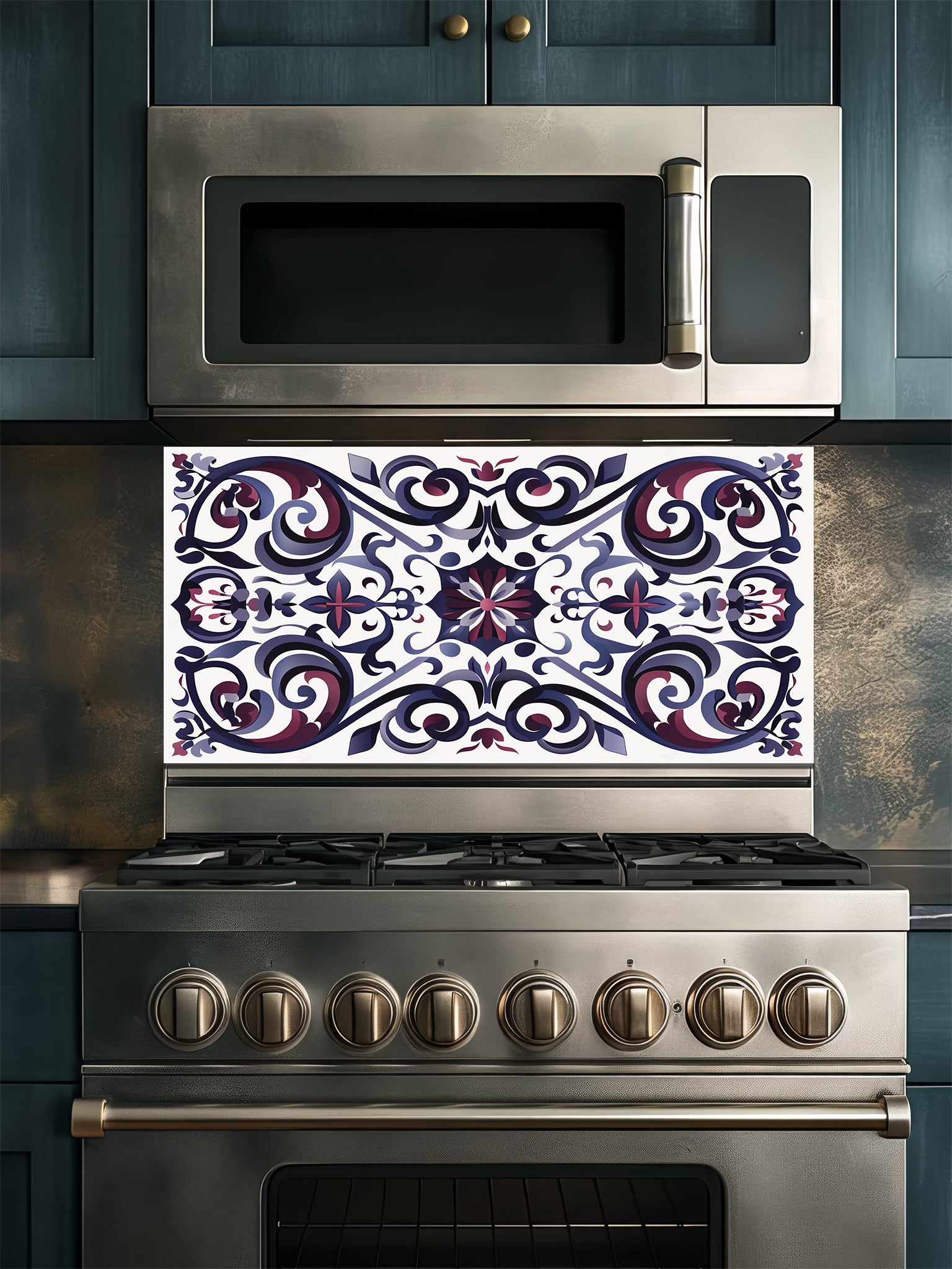 Tempered glass kitchen backsplash featuring a highly realistic illusion of classic Mediterranean or Moroccan tiles, showcasing an elegant, symmetrical Damask pattern in deep navy blue, plum, and grey on a white background, installed behind a modern black stove.