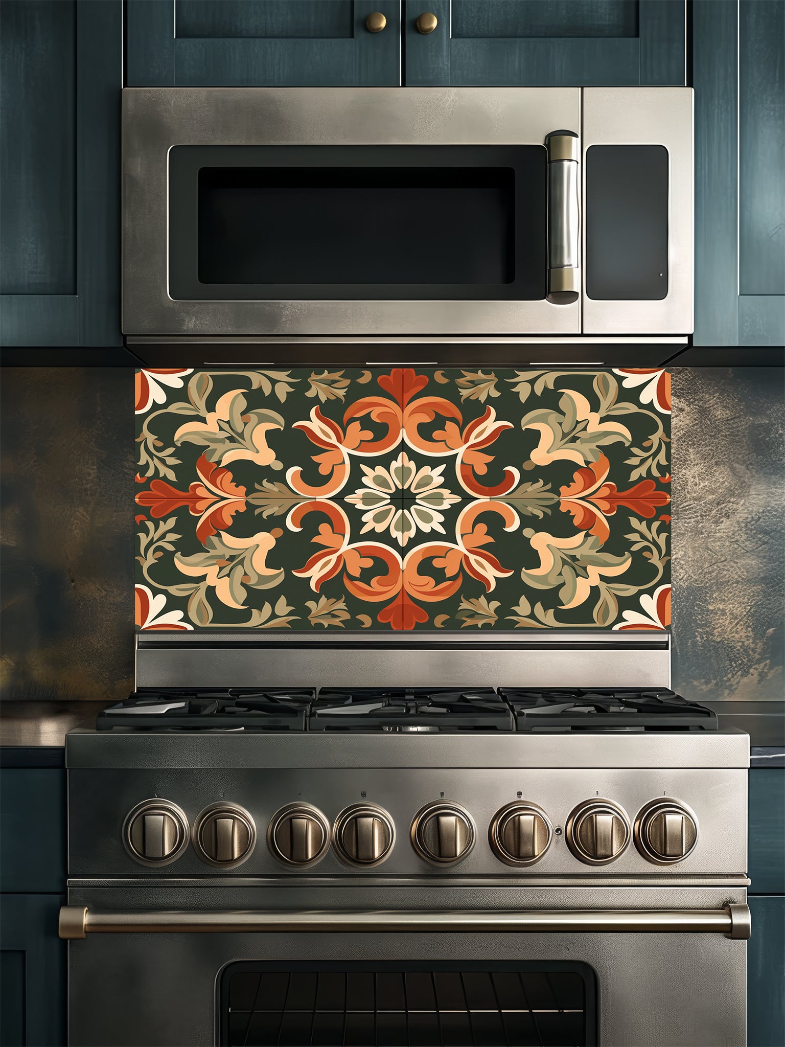 Vintage style Moroccan tile pattern featuring terracotta orange and cream botanical scrollwork on a deep forest green background, UV printed on a smooth tempered glass kitchen backsplash.
