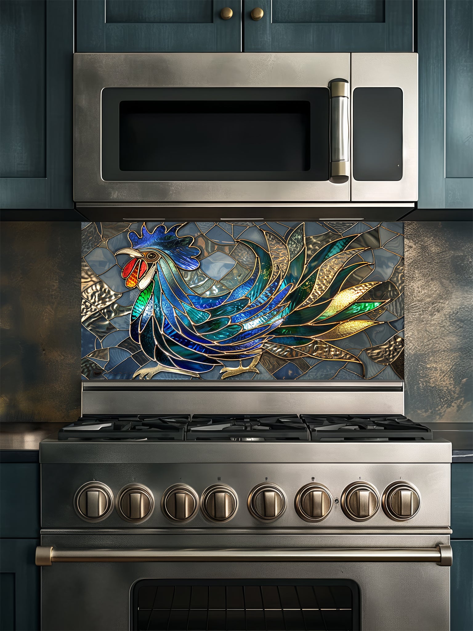 Faux stained glass pattern featuring a vibrant blue, green, and gold rooster against a grey mosaic background, UV printed on a smooth tempered glass kitchen backsplash.