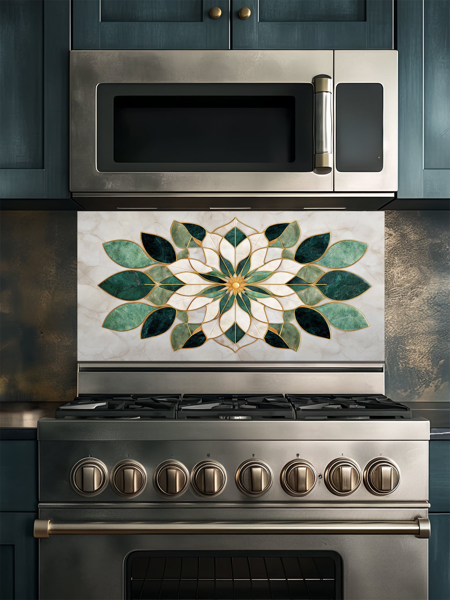 Tempered glass kitchen backsplash featuring a highly realistic 3D illusion of luxurious marble inlay art, showcasing a symmetrical geometric floral mandala or lotus pattern in emerald green and creamy white marble textures with faux gold metallic outlines, installed behind a modern black stove.