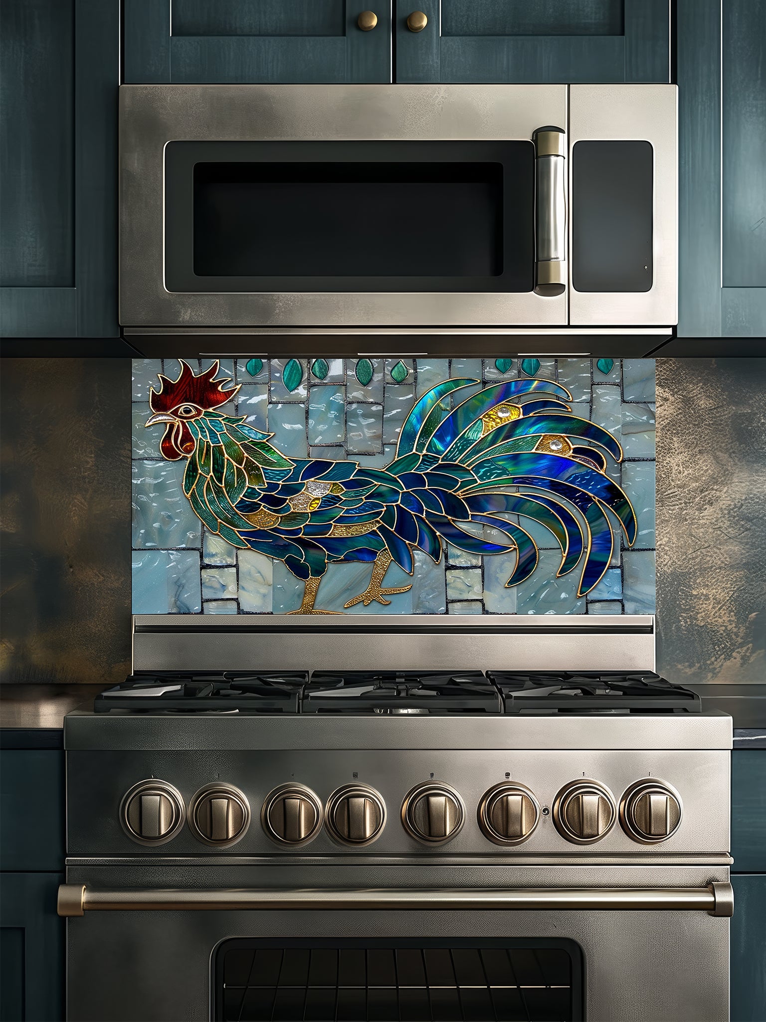 Tempered glass kitchen backsplash featuring a vibrant faux stained glass rooster with jewel-toned sapphire and emerald feathers and gold outlines, set against a light blue vertical mosaic tile background.