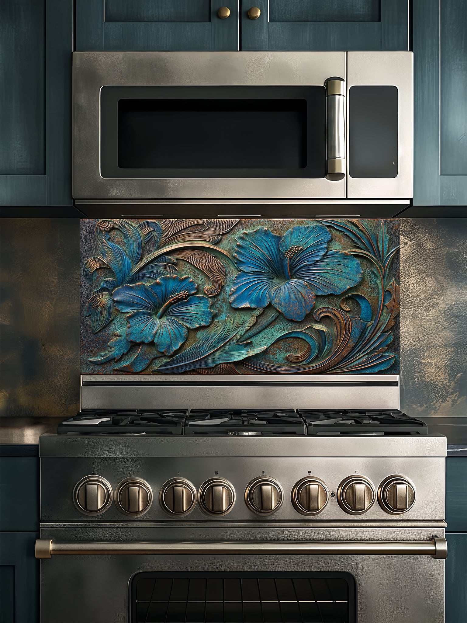 Tempered glass kitchen backsplash featuring a highly realistic 3D faux metal relief design of large tropical hibiscus flowers with a rich teal patina and antique copper accents over a dark textured background, installed behind a modern stainless steel stove.