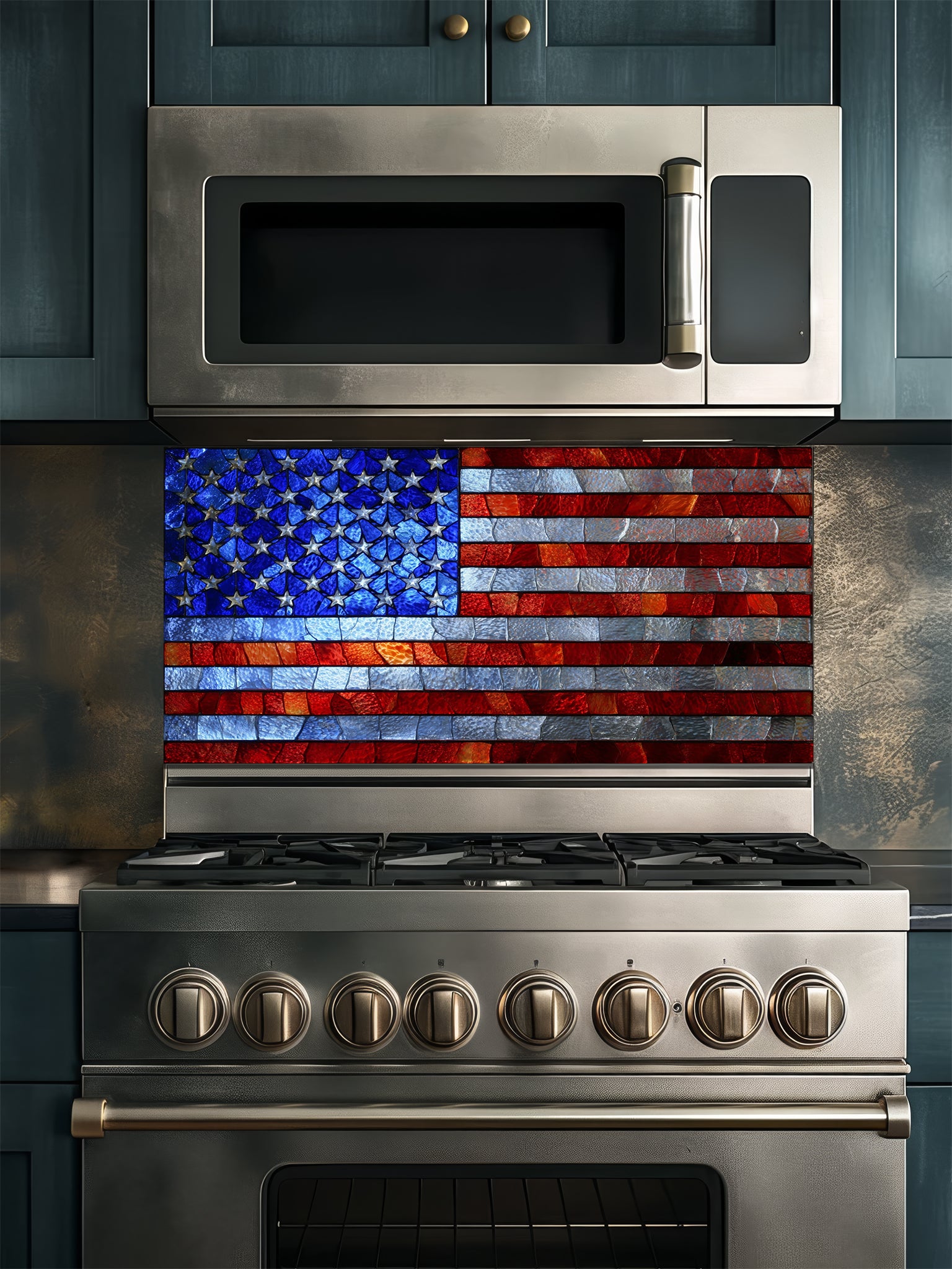 Faux stained glass pattern featuring the American flag with vibrant red, white, and blue textured pieces, UV printed on a smooth tempered glass kitchen backsplash.