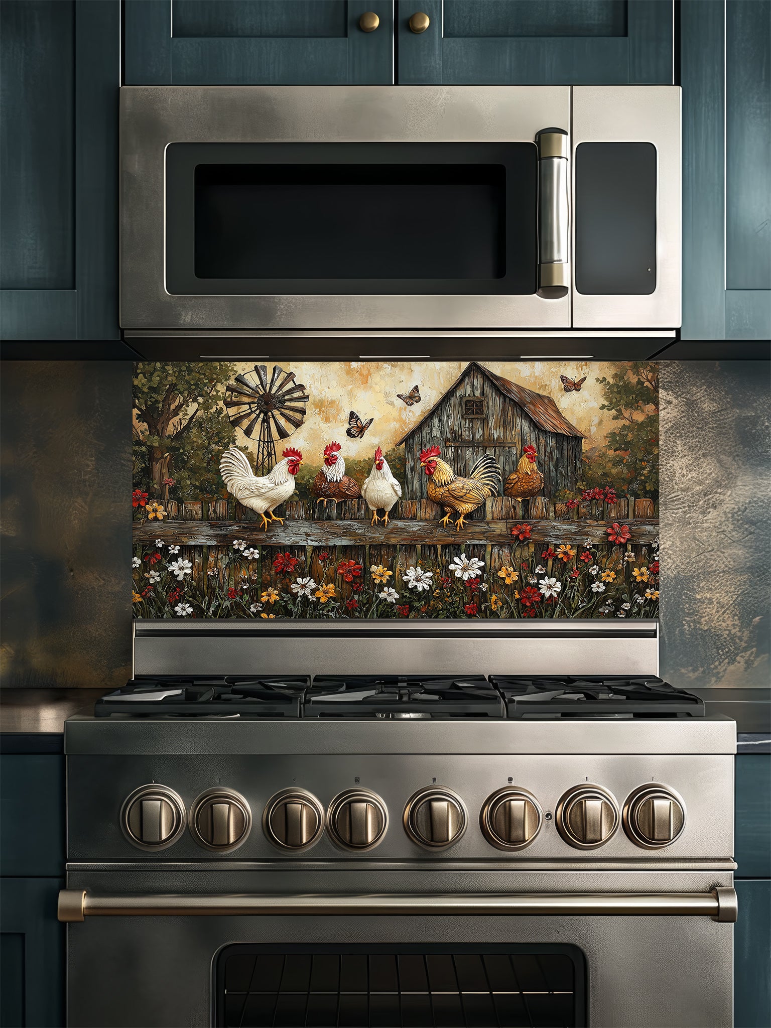 Tempered glass kitchen backsplash featuring a rustic painting of roosters and chickens perched on a wooden fence above colorful wildflowers, with a vintage barn and windmill in the background, installed behind a modern stainless steel stove.