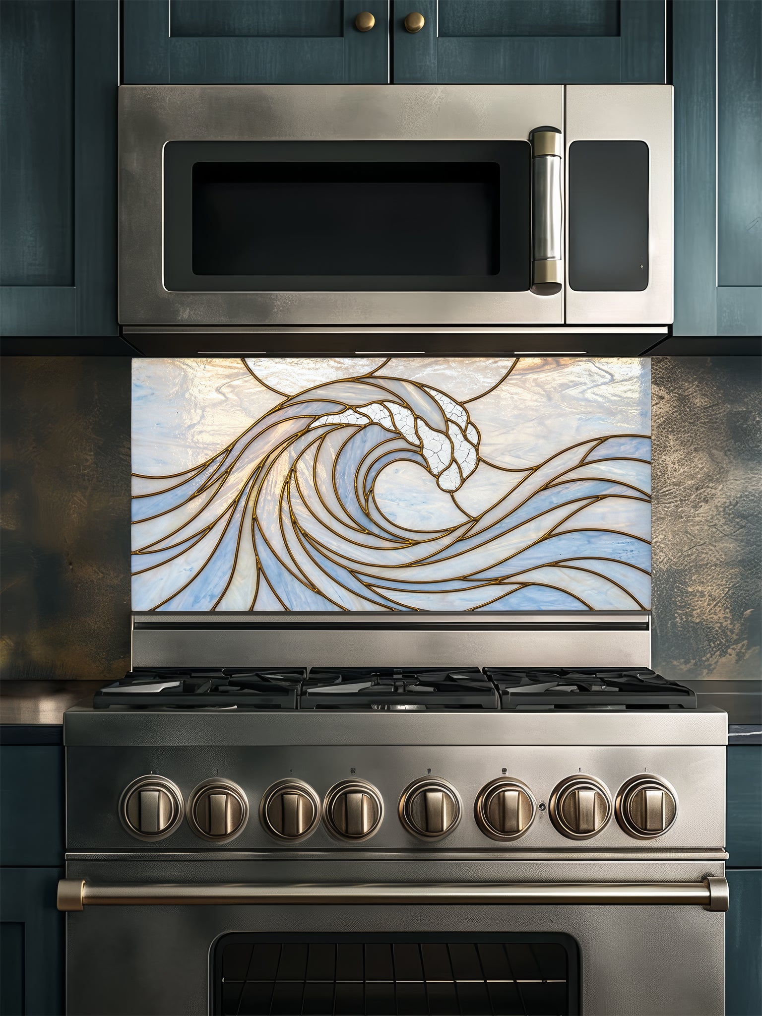 Stainless steel microwave and oven with decorative glass splashback in a kitchen setting