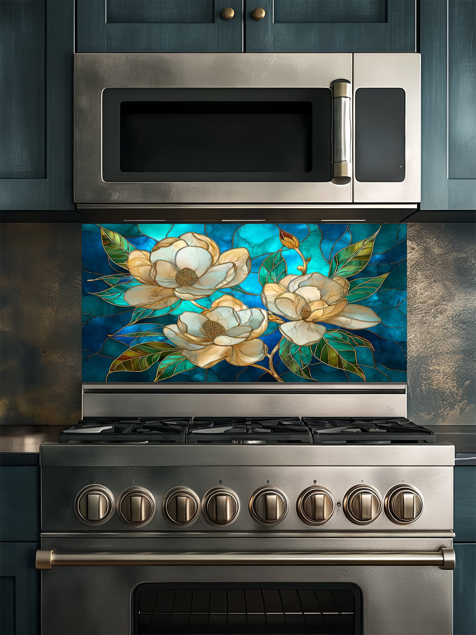 Tempered glass kitchen backsplash featuring a highly realistic 3D illusion of stained glass art showing elegant white magnolia blossoms with gold outlines against a swirling deep blue and teal background, installed behind a modern stainless steel stove.