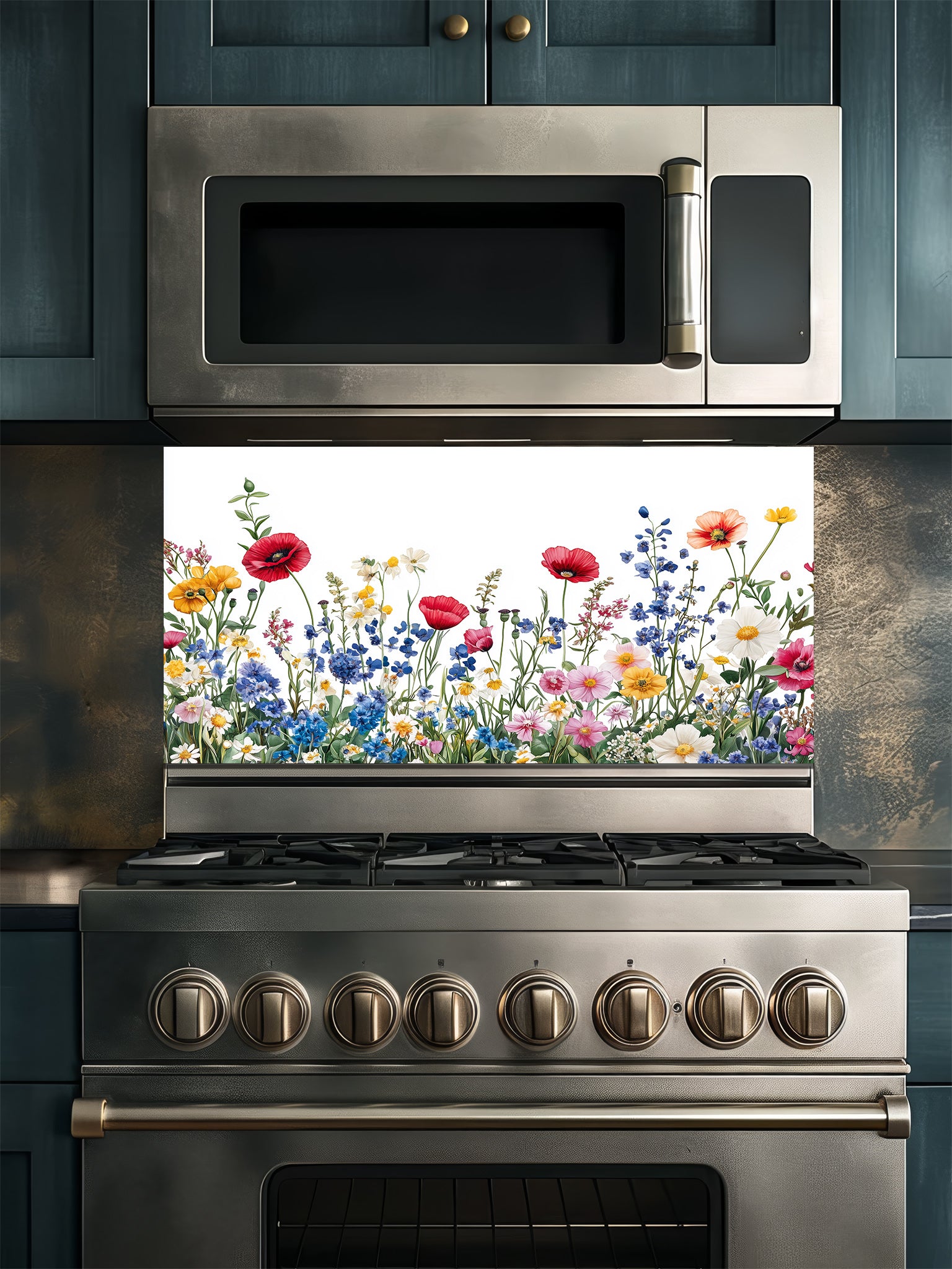 A bright kitchen featuring a tempered glass backsplash with a vibrant botanical illustration of a colorful wildflower meadow on a crisp white background, installed behind a modern stainless steel stove.
