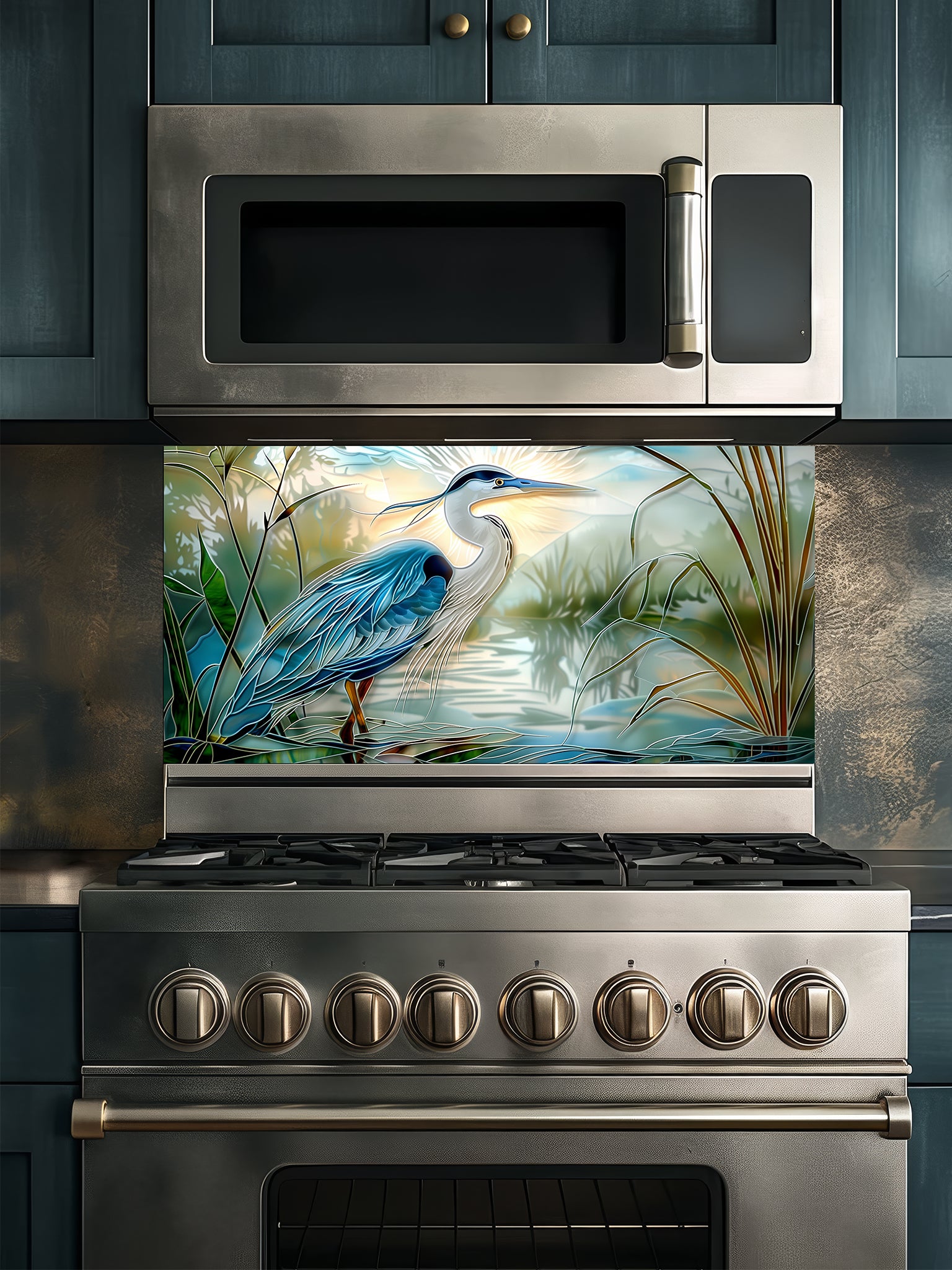 Tempered glass kitchen backsplash featuring a bright faux stained glass design of a majestic blue heron standing in a wetland, with bright sun rays radiating like a halo from behind its head, installed behind a modern stainless steel stove.
