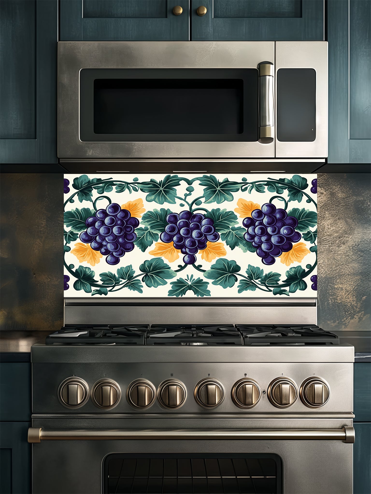 Traditional Mediterranean style faux tile pattern featuring purple grapes, green vine leaves, and yellow accents on a cream background, UV printed on a smooth tempered glass kitchen backsplash.
