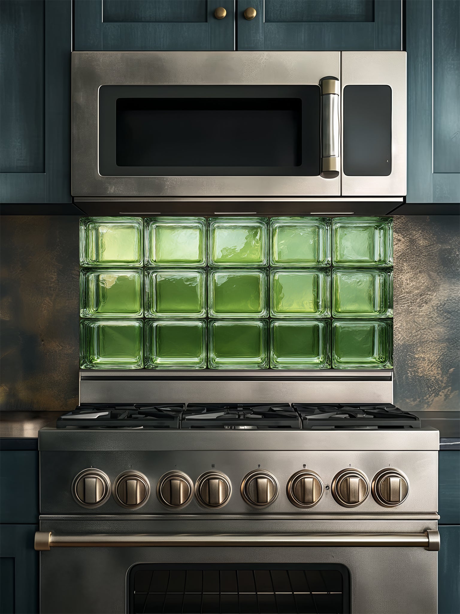 Tempered glass kitchen backsplash featuring a highly realistic 3D illusion of architectural glass blocks in vibrant translucent vintage green with authentic wavy textures, installed behind a modern black stove.