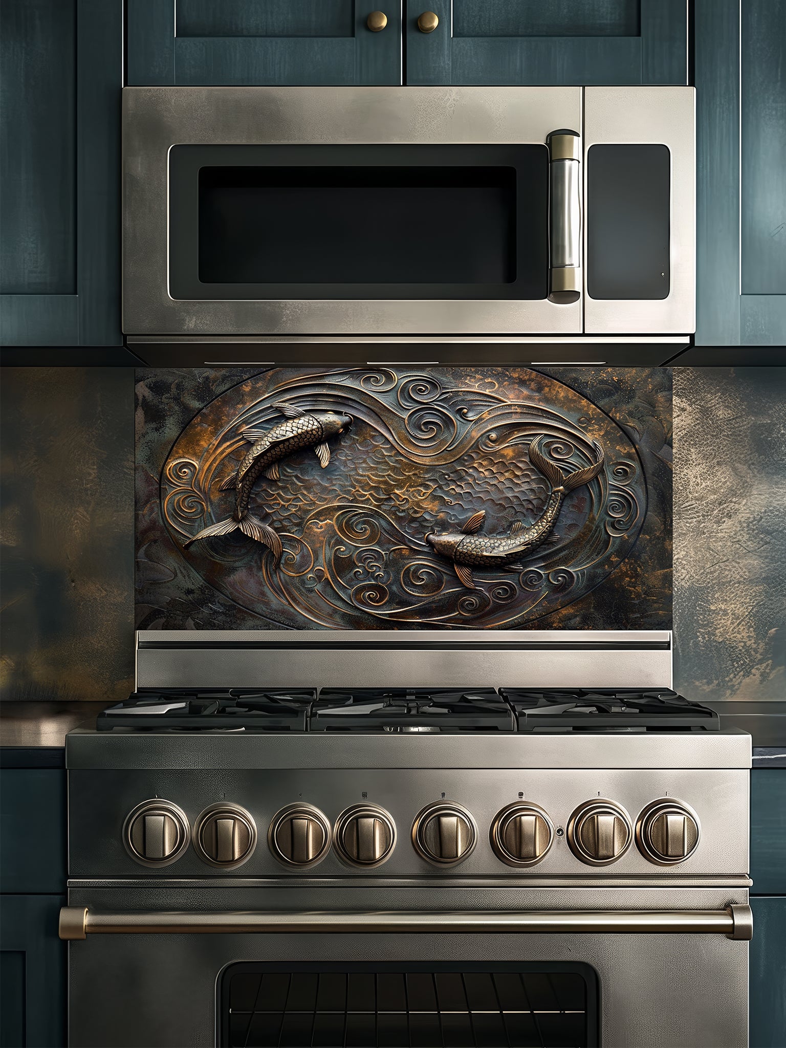 Tempered glass kitchen backsplash featuring a highly realistic 3D faux metal design of two Koi fish swimming in a circular Yin-Yang pattern among swirling waves in antique bronze and dark oxidized tones, installed behind a modern stainless steel stove.