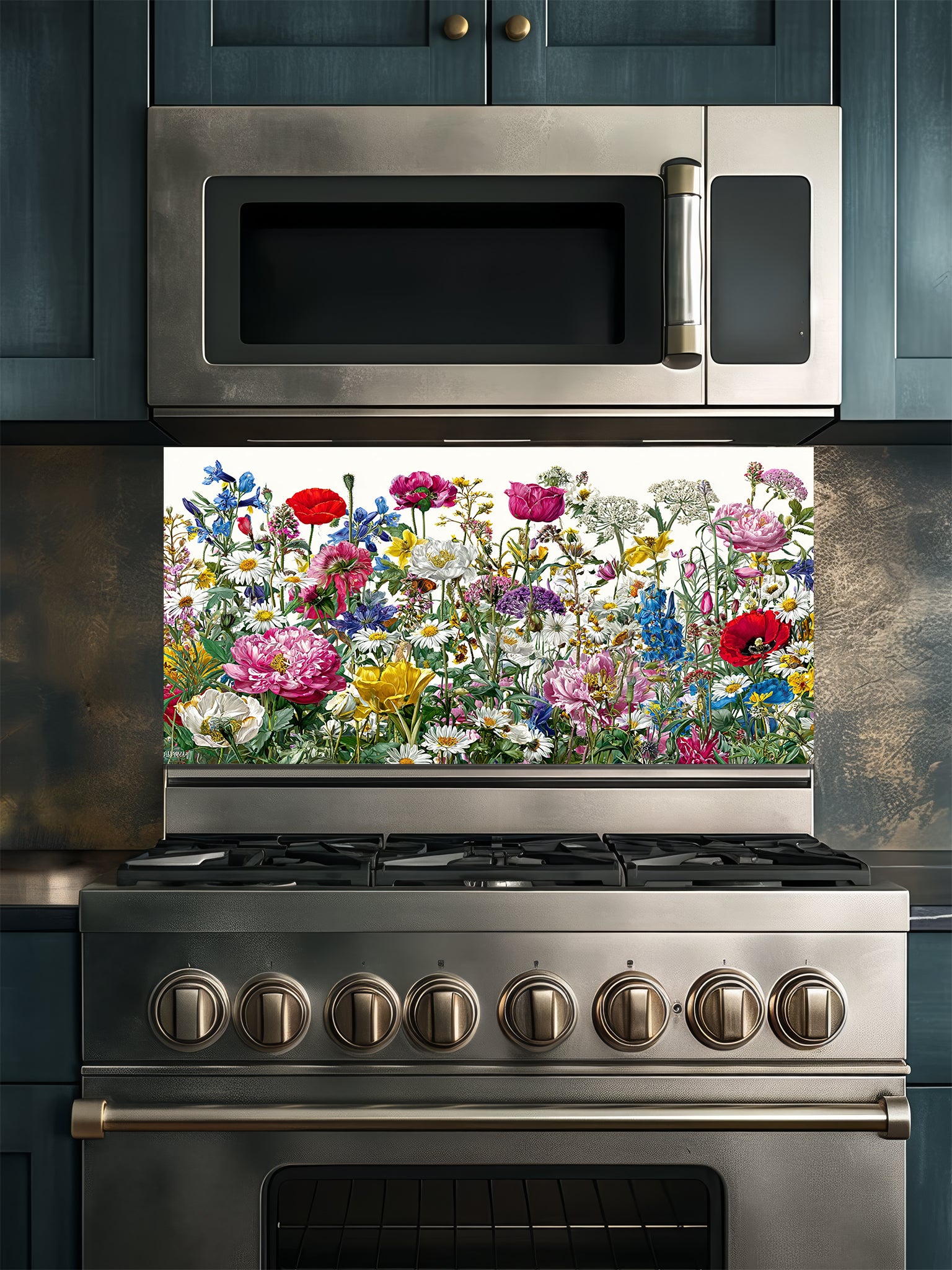 Vibrant spring meadow pattern featuring colorful wildflowers, red poppies, and daisies on a crisp white background, UV printed on a smooth tempered glass kitchen backsplash.