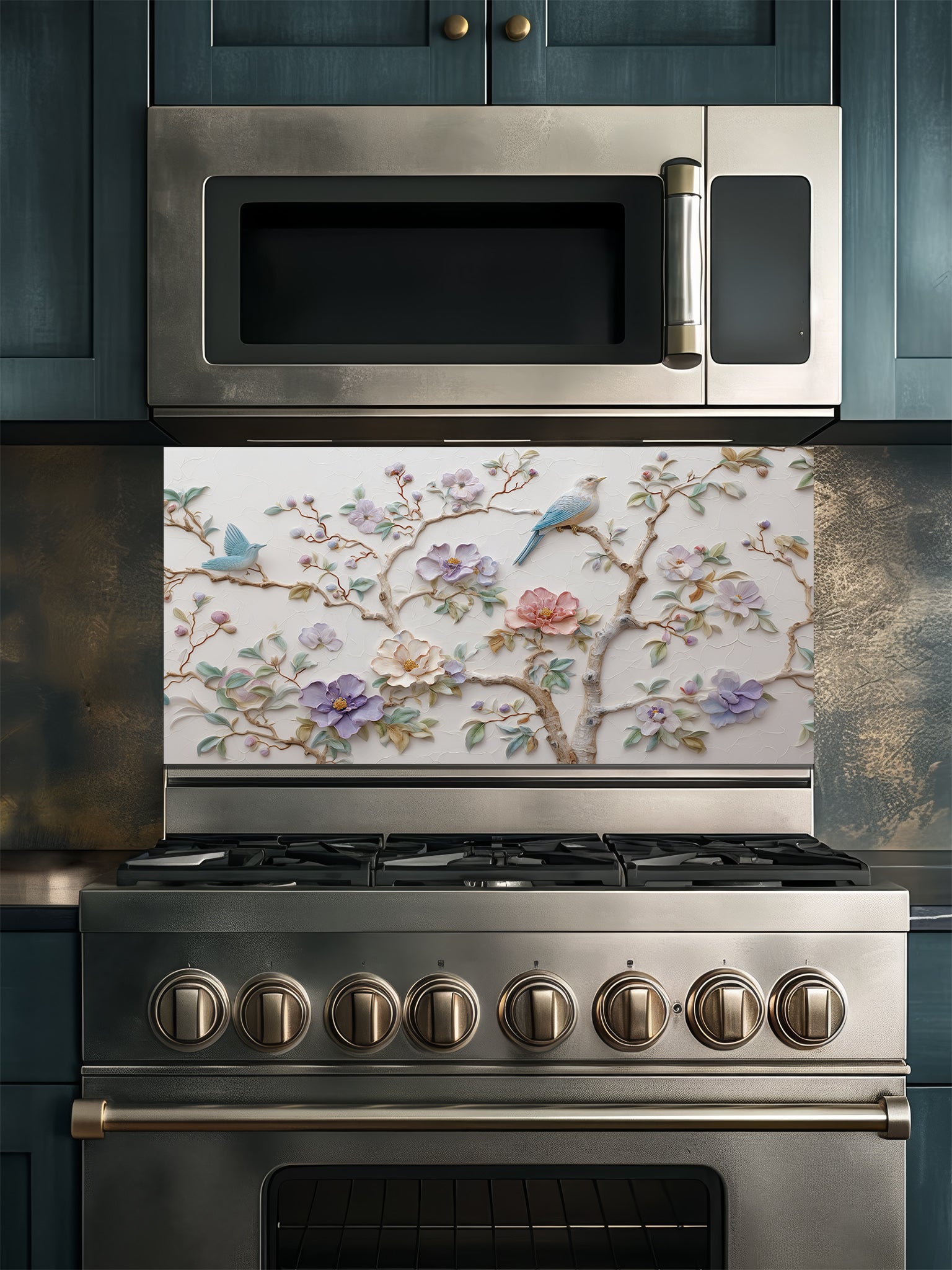 Tempered glass kitchen backsplash featuring a highly realistic 3D illusion of bas-relief plaster art with pastel blooming flowers and light blue birds perched on branches against a white textured background, installed behind a modern stainless steel stove.