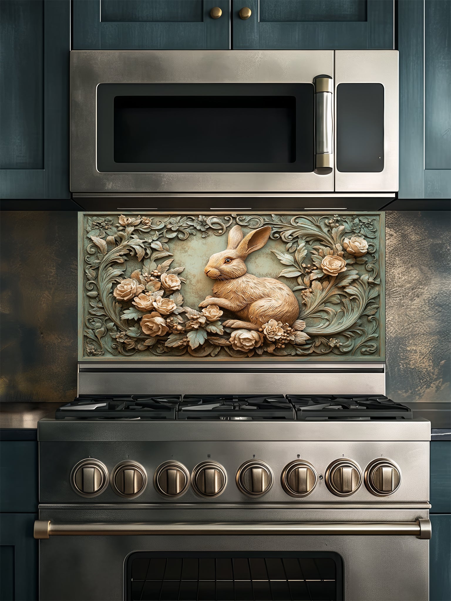 Tempered glass kitchen backsplash featuring a highly realistic 3D illusion of an antique carved bas-relief sculpture showing a gentle woodland rabbit surrounded by blooming roses and ornate foliage in warm earthy tones and a vintage greenish patina, installed behind a modern black stove.