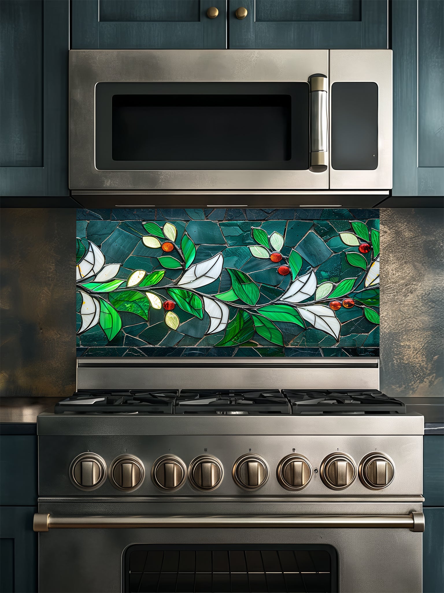 Tempered glass kitchen backsplash featuring a highly realistic 3D illusion of stained glass and mosaic art showing a graceful branch with vibrant emerald green and white leaves and glowing red berries against a dark teal background, installed behind a modern black stove.