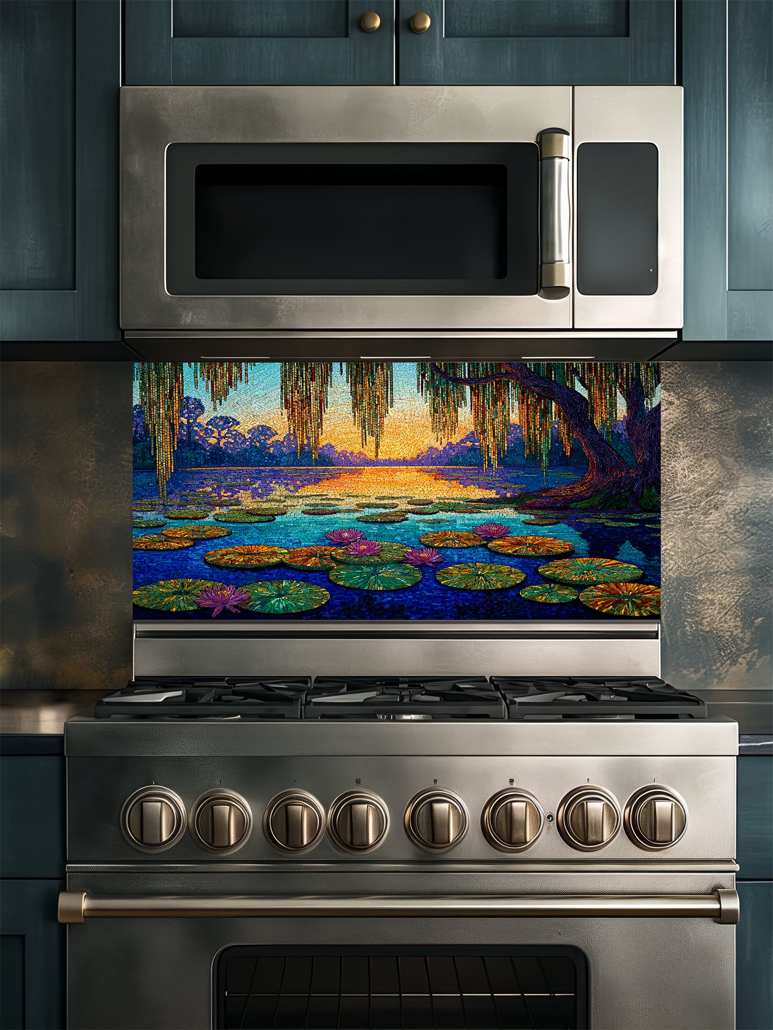 Tempered glass kitchen backsplash featuring a highly realistic 3D illusion of a Pointillist or Impressionist fine art painting, showing a tranquil lake with pink water lilies and a weeping willow at sunset, created with thousands of tiny textured paint dots, installed behind a modern black stove.