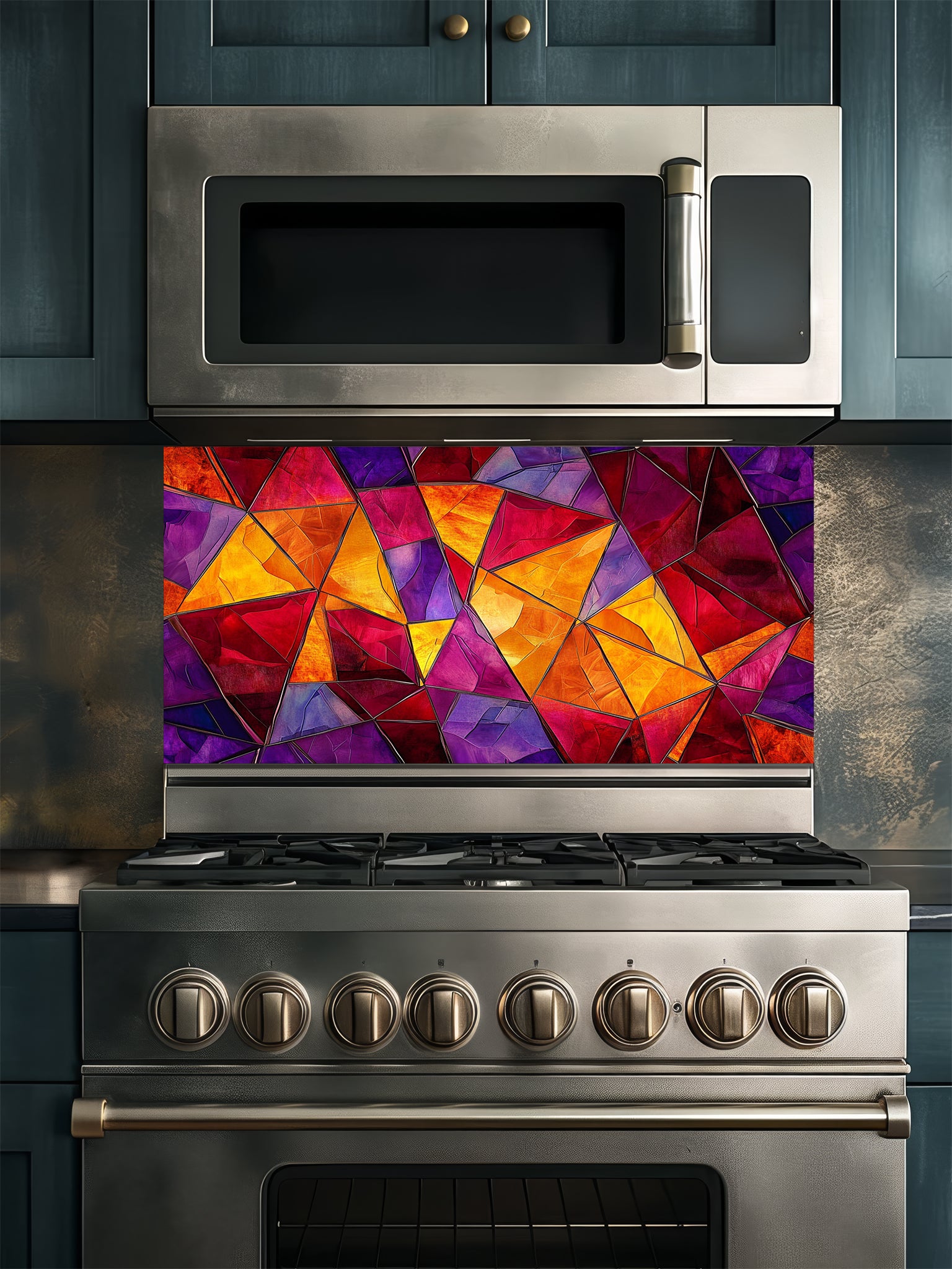 Tempered glass kitchen backsplash featuring a highly realistic illusion of abstract geometric stained glass with asymmetrical shards in vibrant, warm jewel tones of ruby red, magenta, amethyst, and amber, installed behind a modern black stove.
