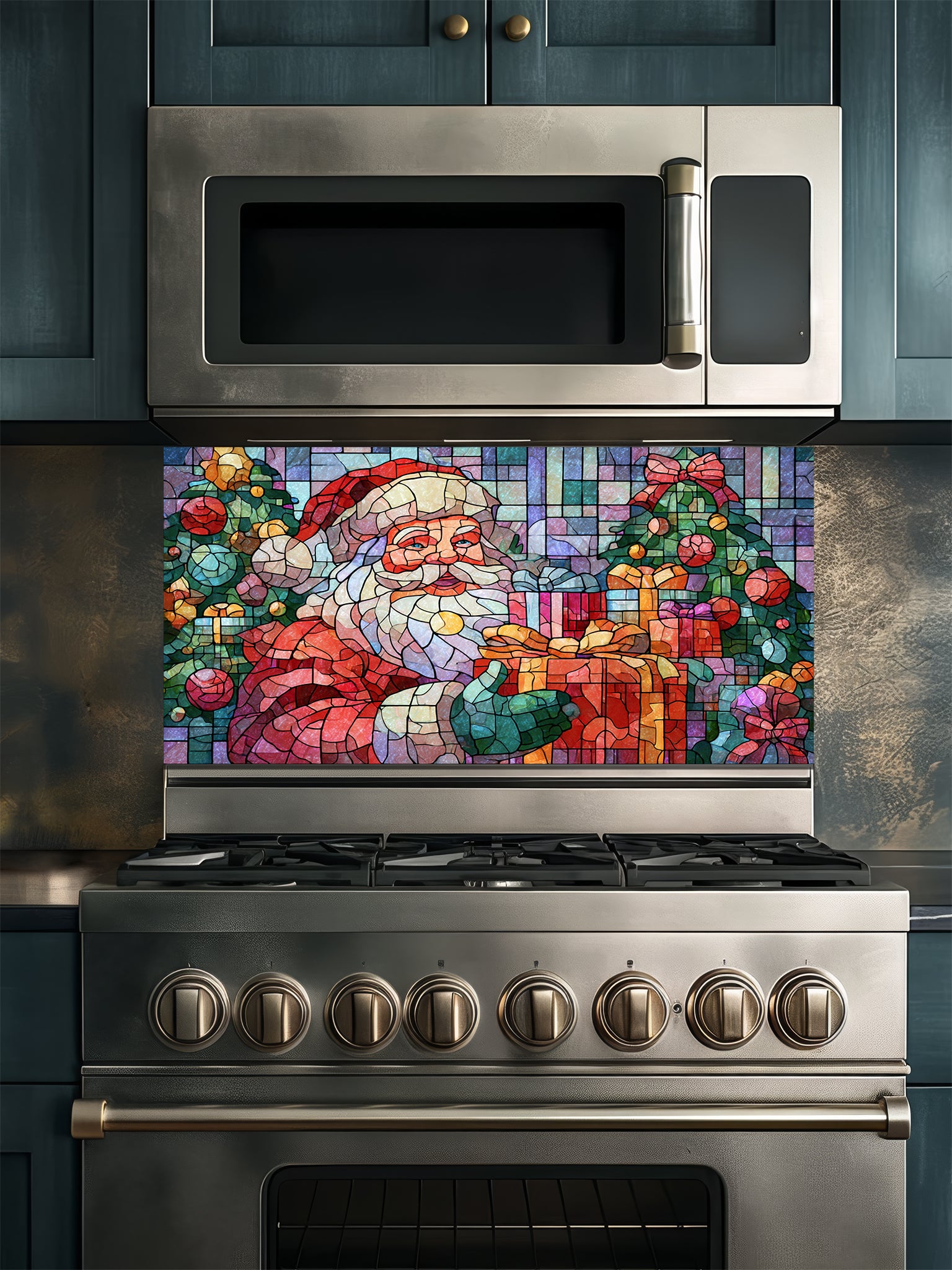 Tempered glass kitchen backsplash featuring a highly realistic 3D illusion of mosaic stained glass art showing a cheerful Santa Claus holding a wrapped gift, surrounded by green Christmas trees and colorful presents against a tiled blue and purple background, installed behind a modern black stove.