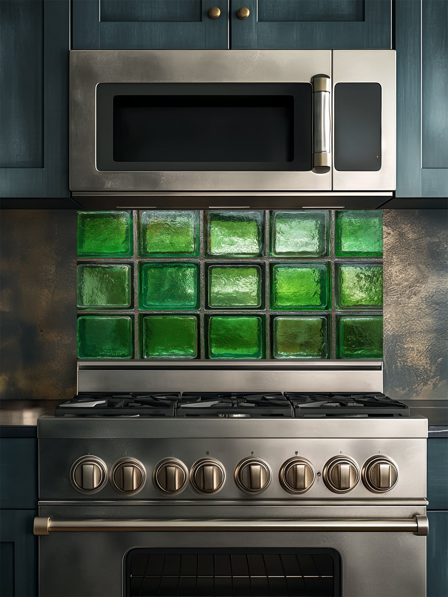 Faux green glass block 3D effect UV printed on a smooth tempered glass kitchen backsplash, installed behind a modern stove.