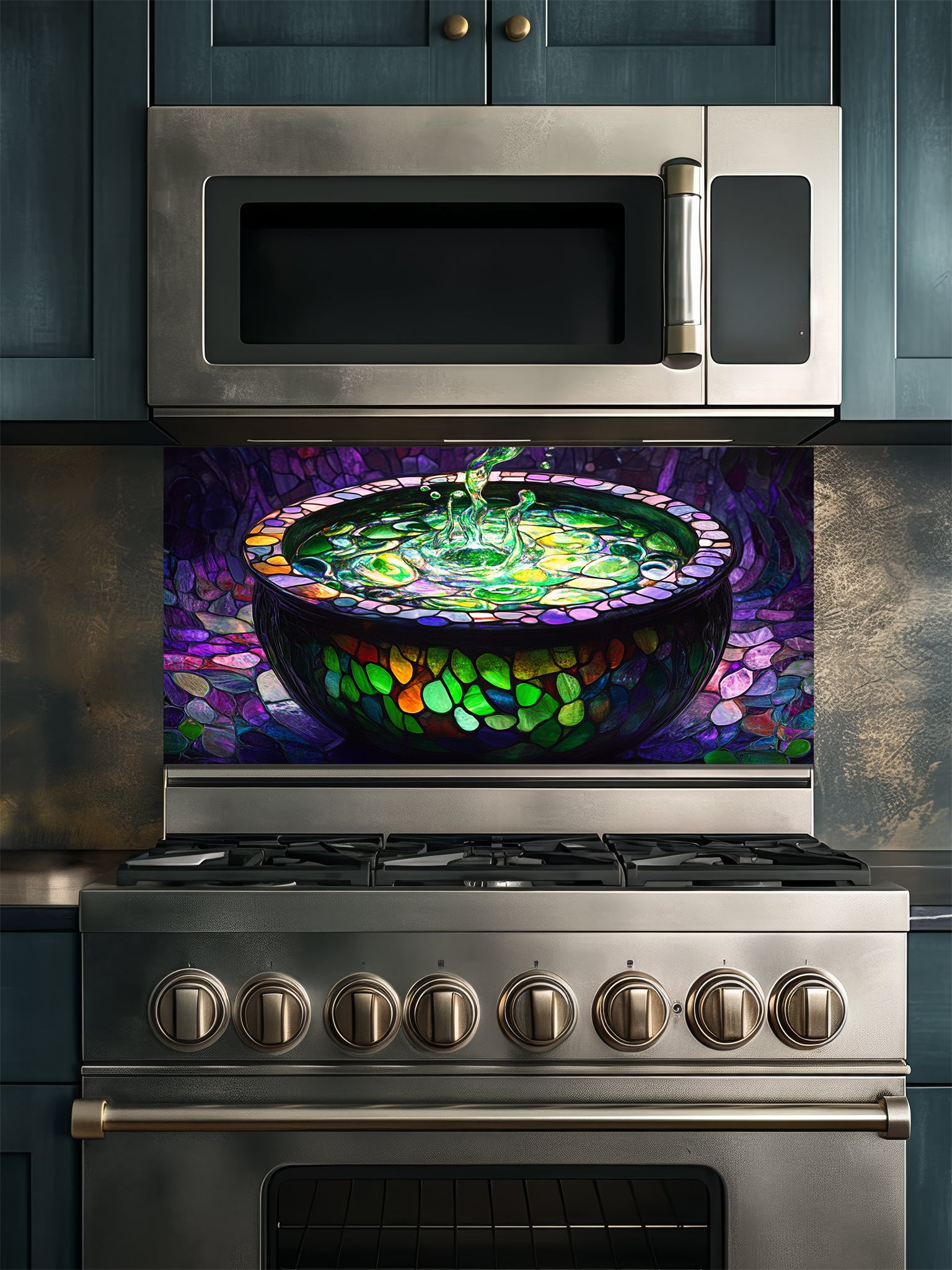 Tempered glass kitchen backsplash featuring a highly realistic 3D illusion of stained glass and mosaic art showing a dark magical cauldron filled with a splashing, glowing neon green potion against a deep purple cobblestone background, installed behind a modern stainless steel stove.