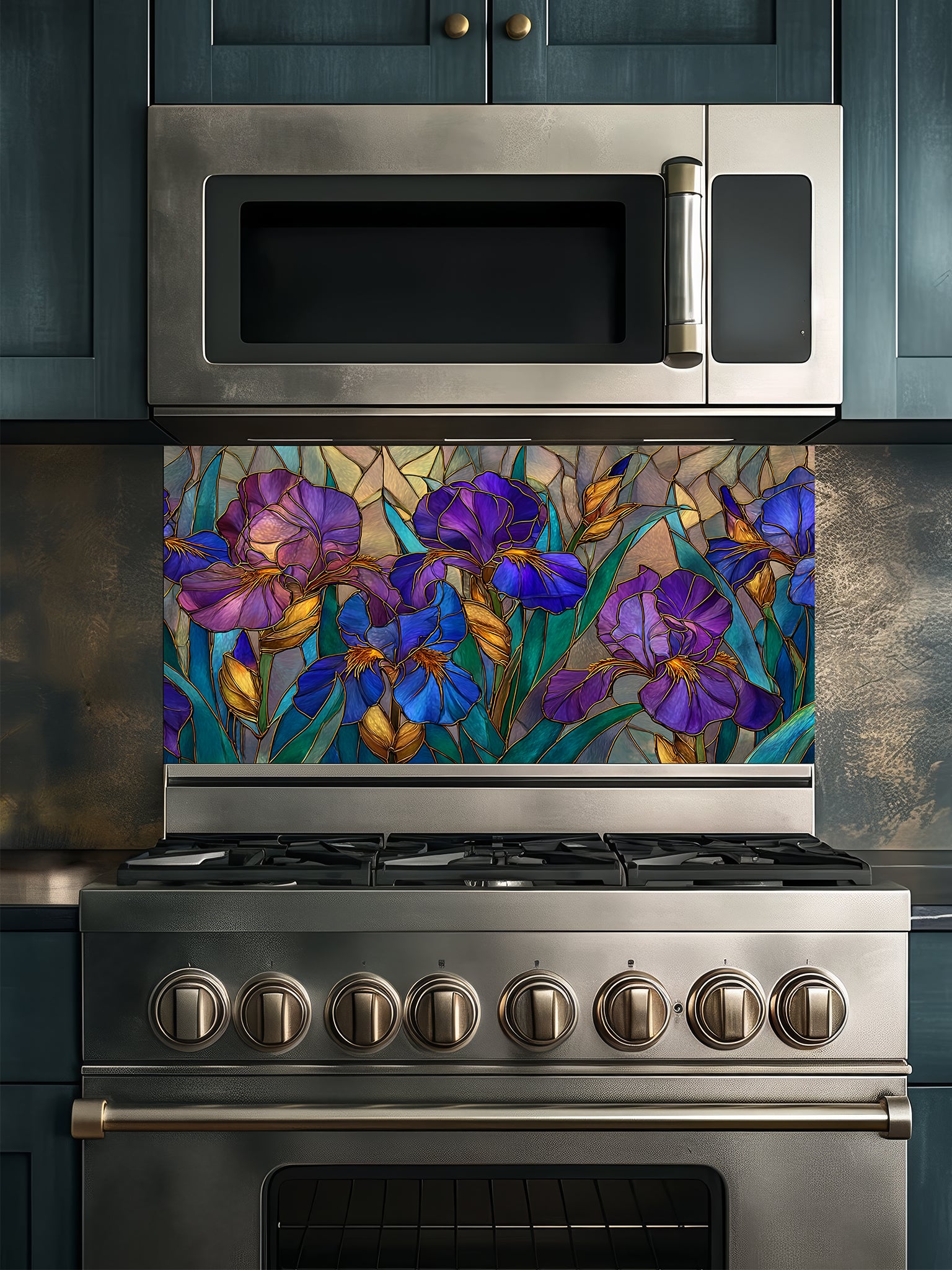 Tempered glass kitchen backsplash featuring an elegant faux stained glass design of vibrant purple and blue Iris flowers with green leaves and elegant gold outlines, installed behind a modern stainless steel stove.