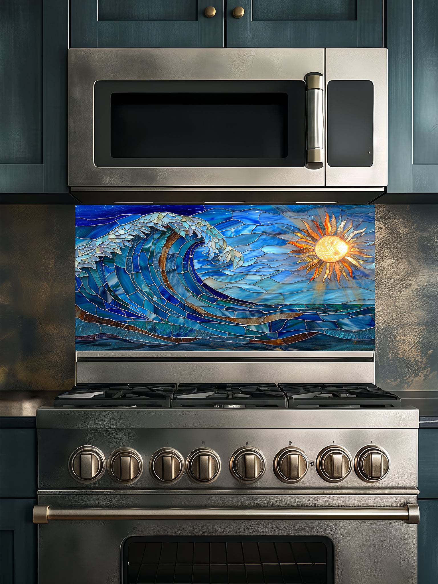 Tempered glass kitchen backsplash featuring a vibrant faux stained glass design of a dynamic crashing ocean wave in blues and teals, with a glowing golden sun and sunbeams on the right, installed behind a modern stainless steel stove.