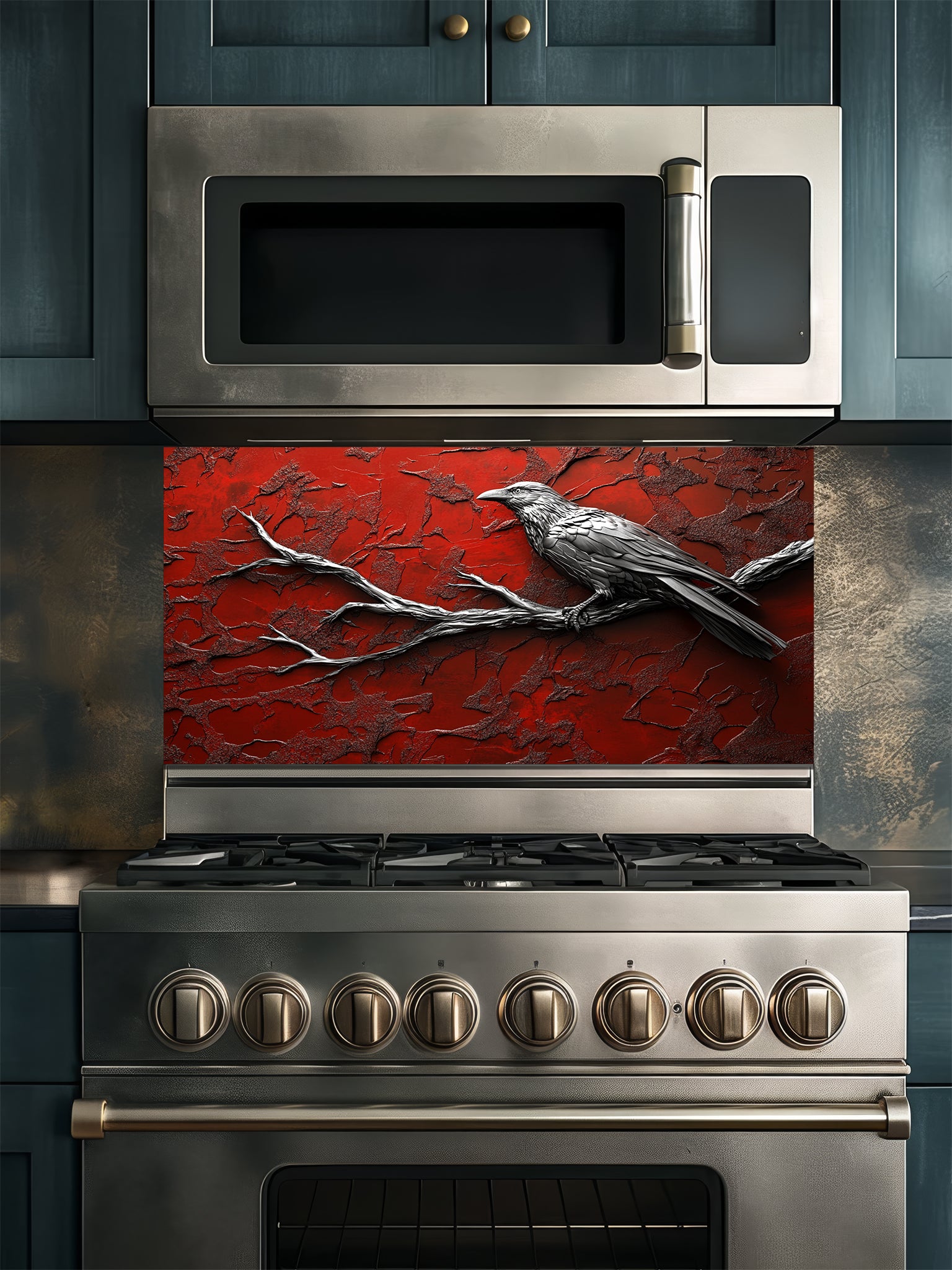 Tempered glass kitchen backsplash featuring a highly realistic 3D illusion of a sculpted metallic black raven perched on a bare branch against a heavily textured, distressed crimson red wall, installed behind a modern black stove.