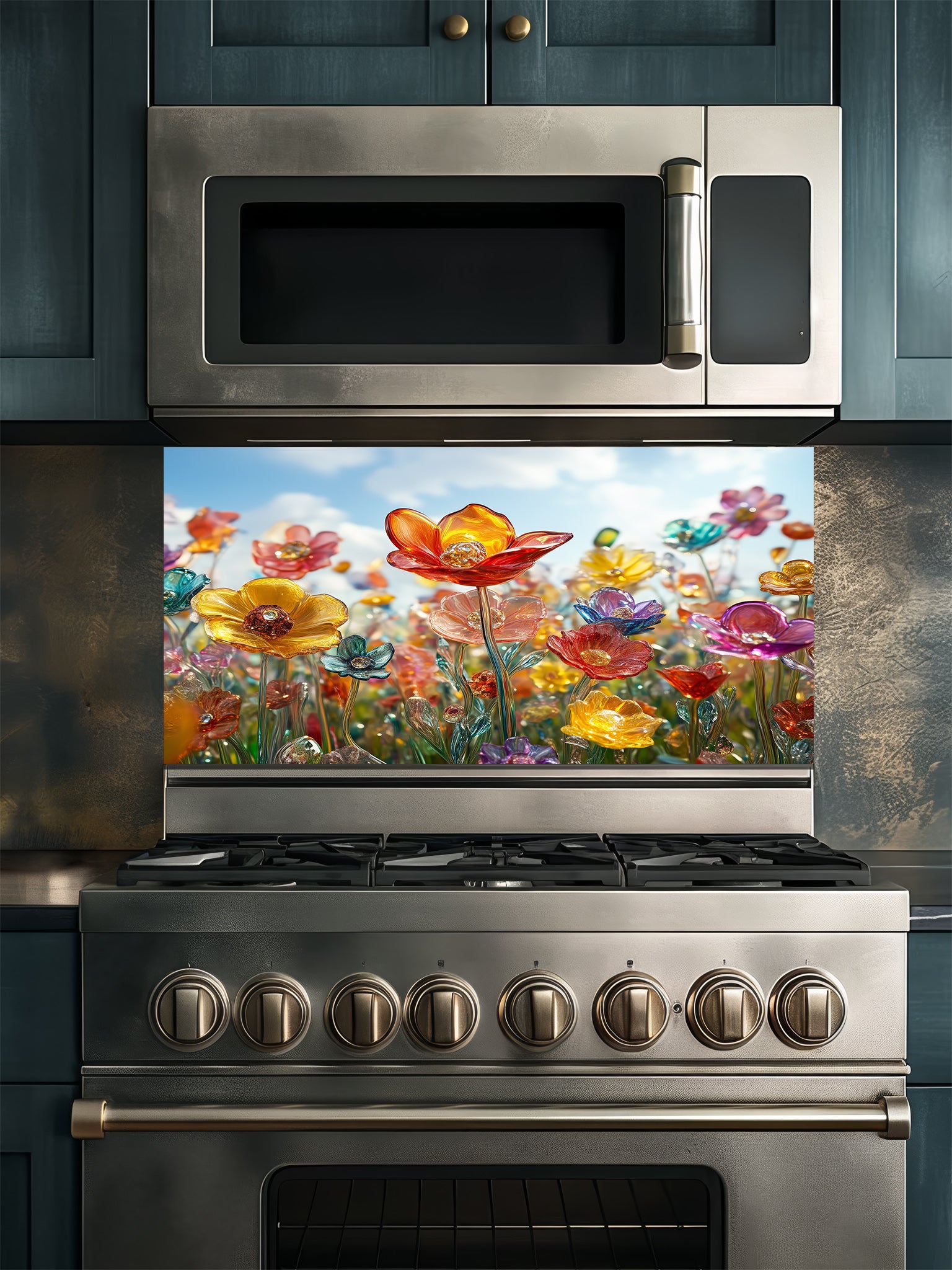 Tempered glass kitchen backsplash featuring a highly realistic 3D illusion of delicate blown glass wildflowers in vibrant translucent jewel tones against a bright blue sky, installed behind a modern stainless steel stove.
