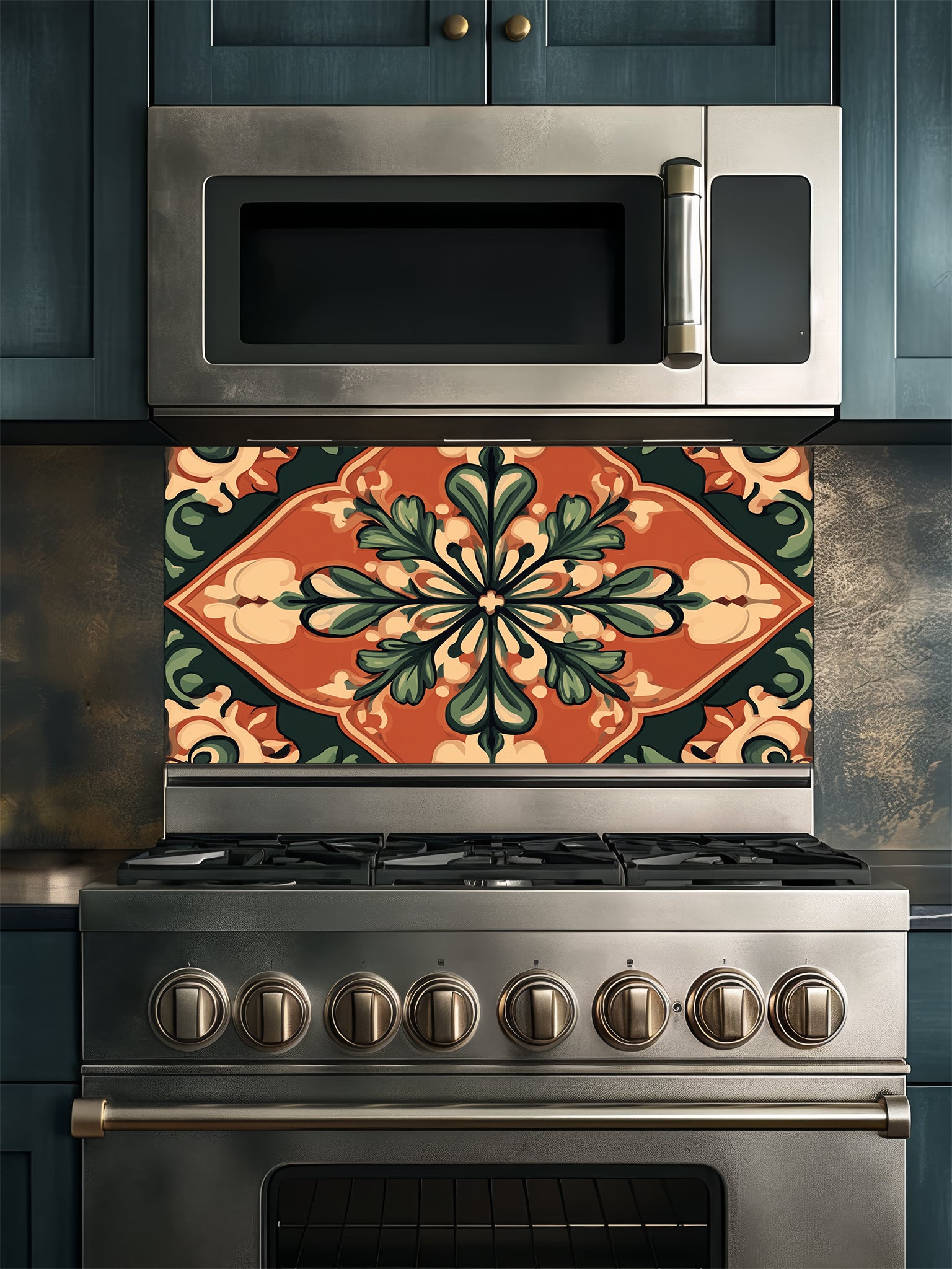 Large vintage style Spanish floral medallion tile mural in terracotta, olive green, and cream, UV printed on a smooth tempered glass kitchen backsplash.