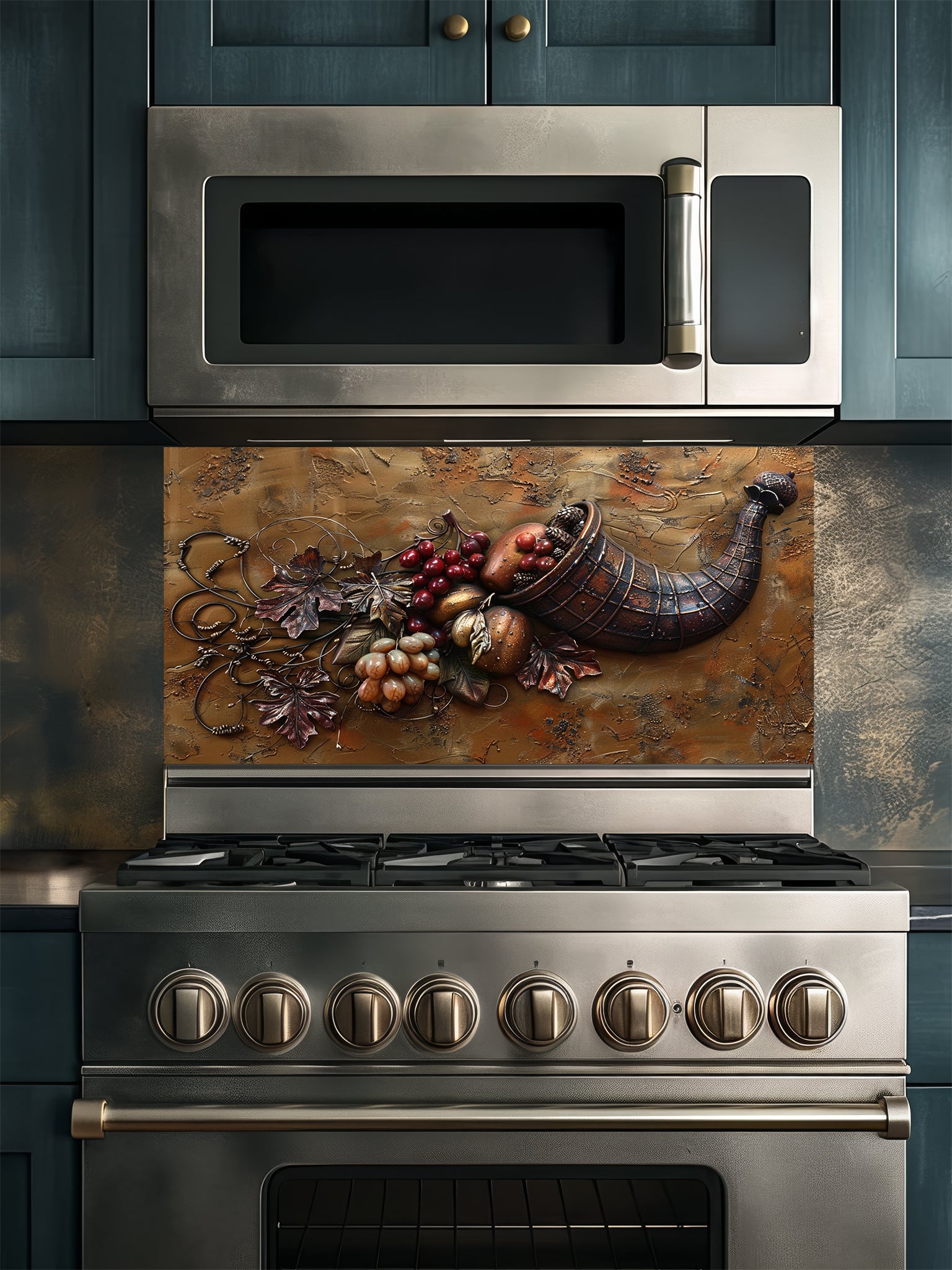 Faux 3D effect carved bronze cornucopia overflowing with grapes and autumn leaves on a textured metal background, UV printed on a smooth tempered glass kitchen backsplash.