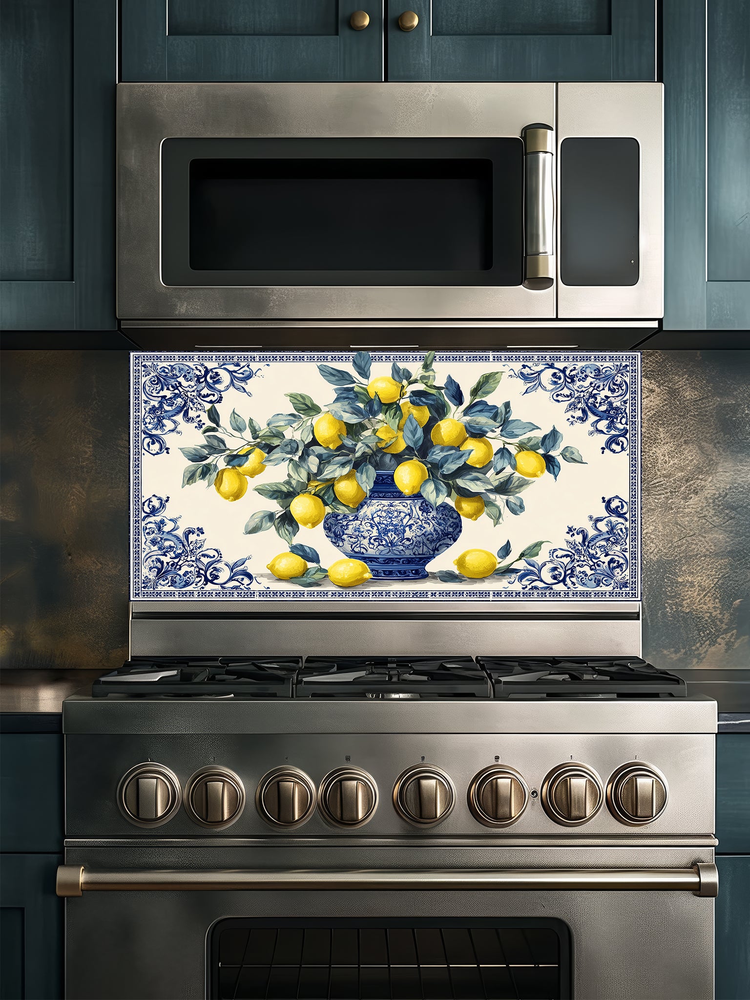 Tempered glass kitchen backsplash featuring a vibrant Mediterranean design with yellow lemons and green leaves in an ornate blue and white porcelain vase, framed by a classic Azulejo-style tile border, installed behind a modern stainless steel stove.