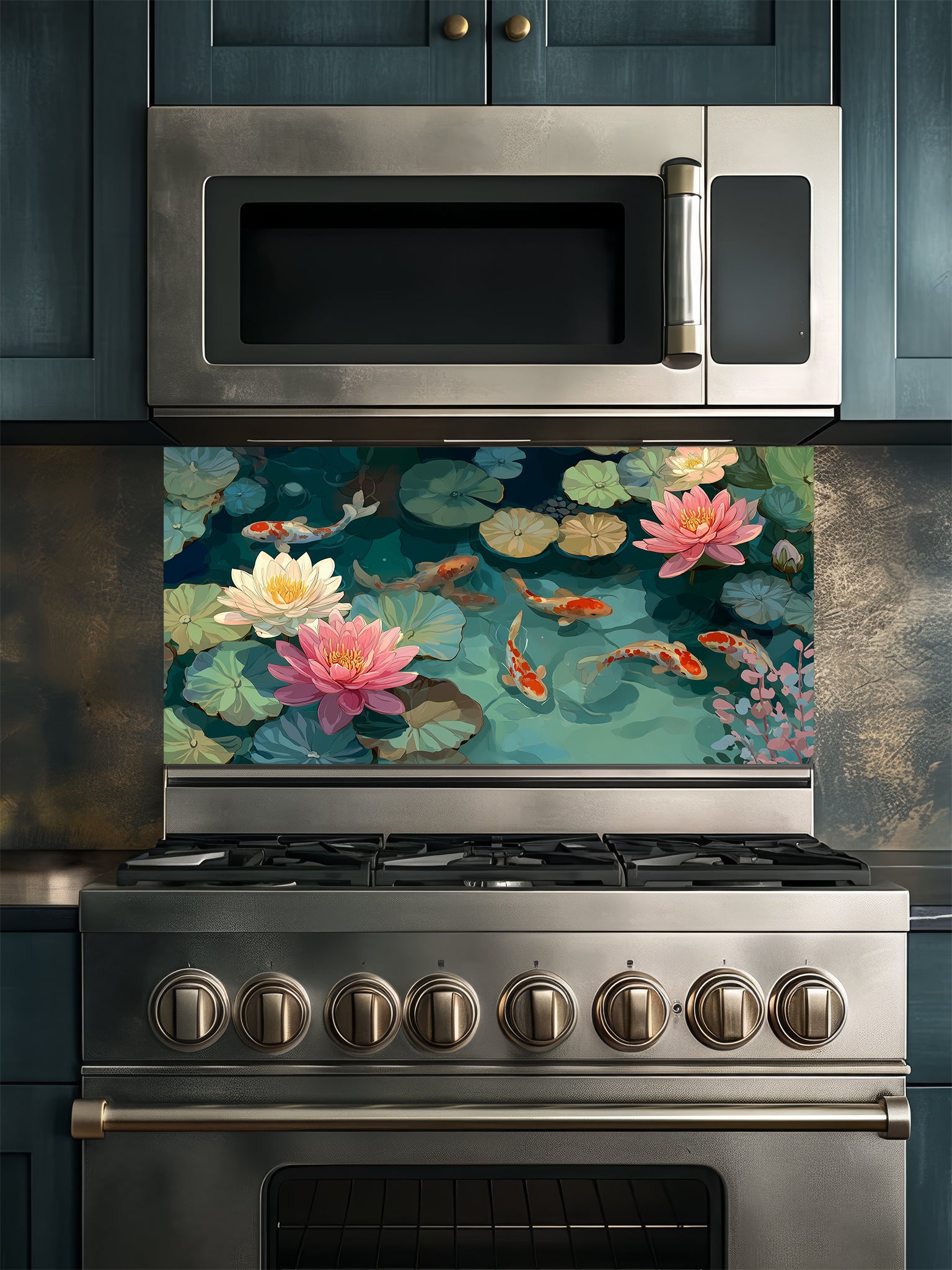 Serene illustration of orange koi fish swimming among pink lotus flowers and green lily pads, UV printed on a smooth tempered glass kitchen backsplash, installed behind a modern stove.