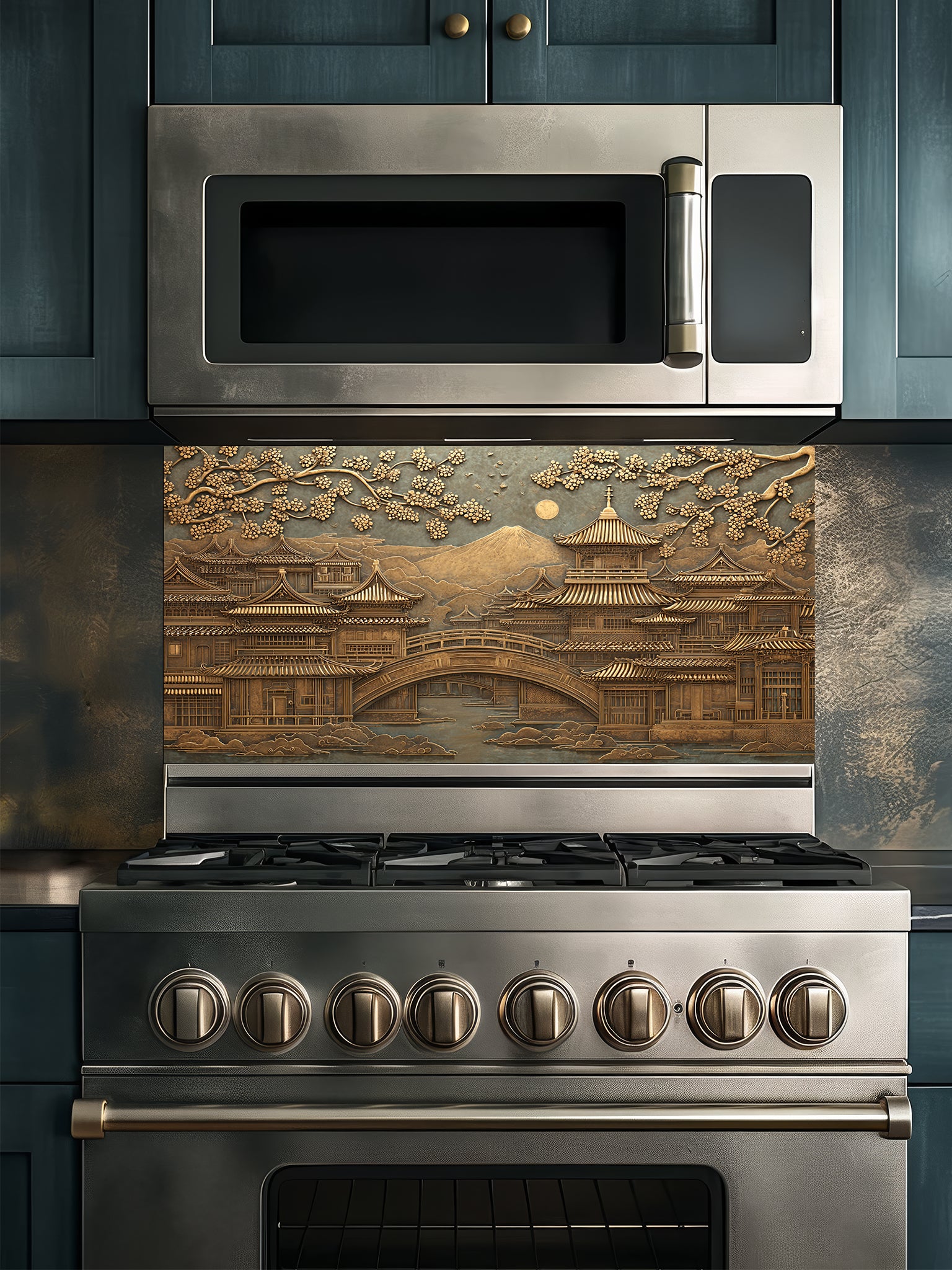 Tempered glass kitchen backsplash featuring a highly realistic 3D faux metal relief of a serene Japanese landscape with a traditional pagoda, bridge, cherry blossom trees, and a distant mountain in antique bronze tones, installed behind a modern stainless steel stove.
