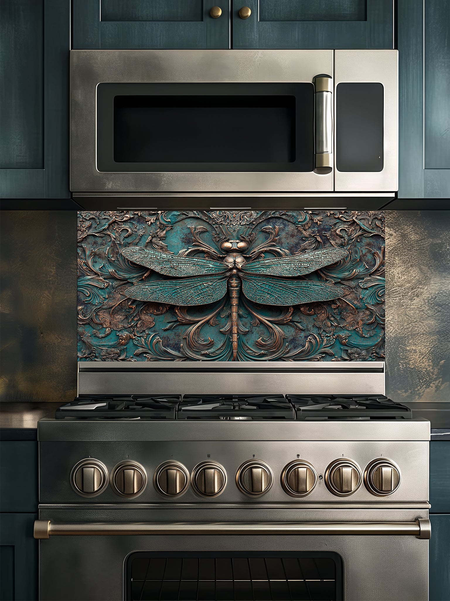 Tempered glass kitchen backsplash featuring a highly realistic 3D faux metal relief design of a detailed dragonfly and ornate antique bronze baroque scrollwork over a textured oxidized teal background, installed behind a modern stainless steel stove.