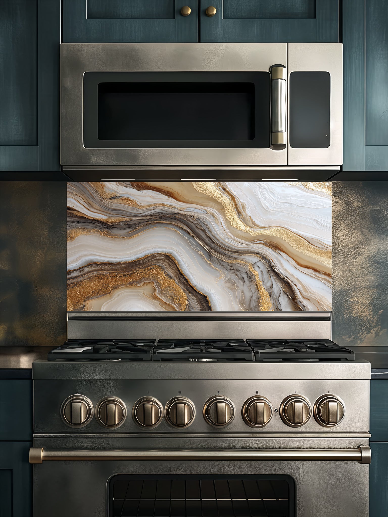 Abstract fluid art pattern mimicking white and brown agate marble with swirling gold leaf veins, UV printed on a smooth tempered glass kitchen backsplash, installed behind a modern stove.