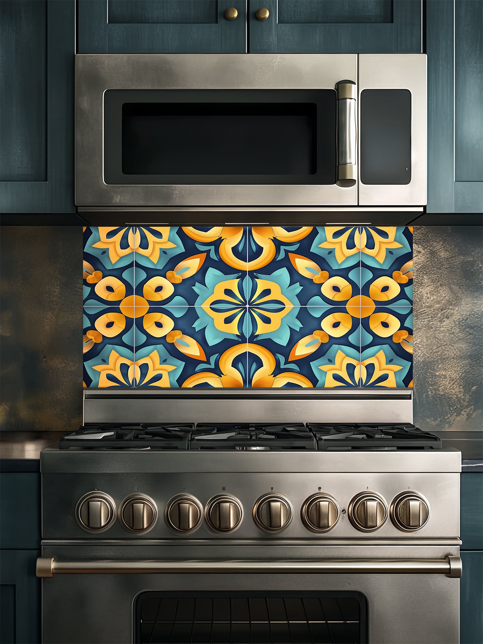 Tempered glass kitchen backsplash featuring a highly realistic illusion of traditional Moroccan encaustic tiles, showcasing a vibrant geometric floral pattern in teal, golden yellow, and deep navy, installed behind a modern black stove.