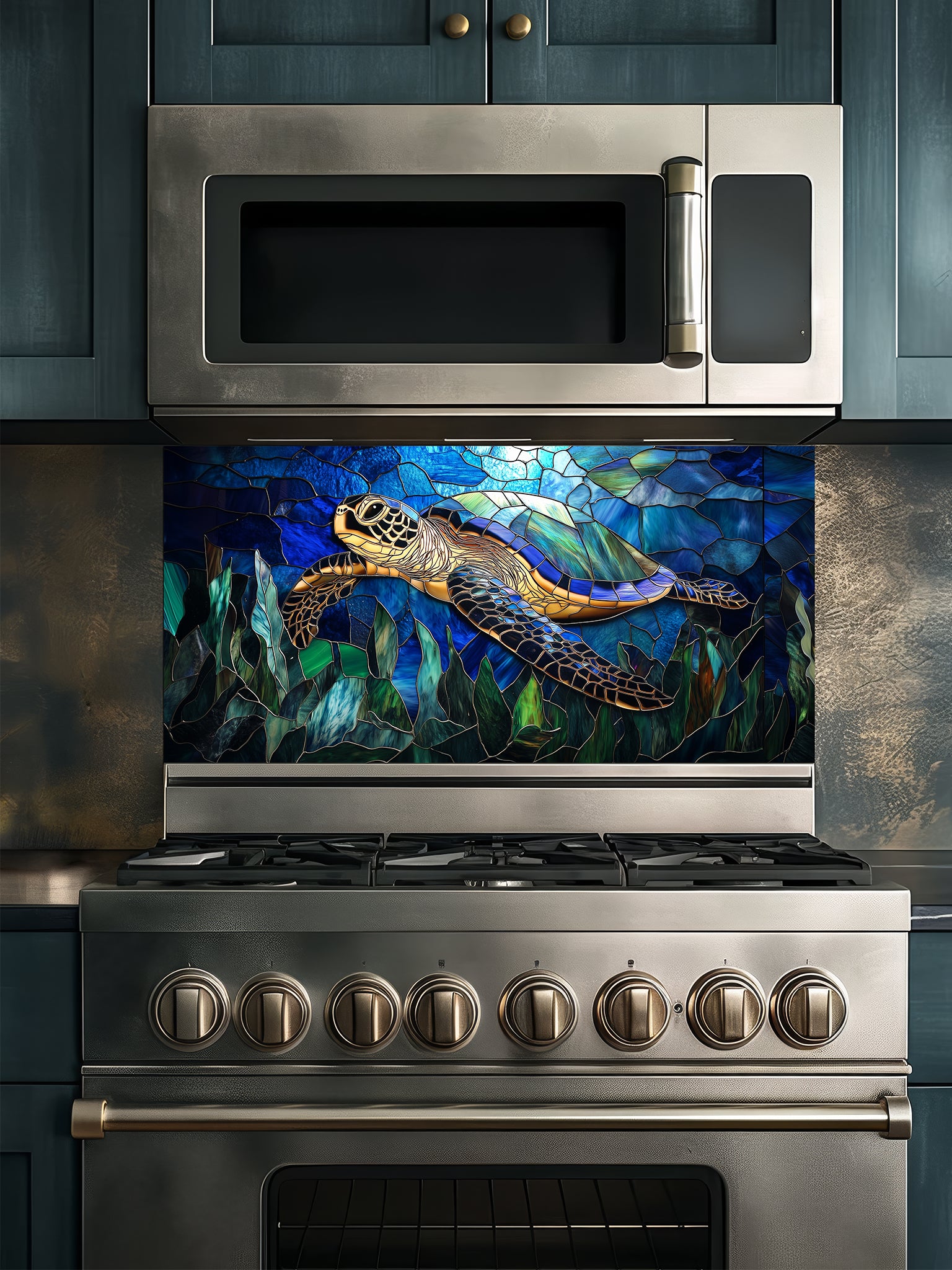 Tempered glass kitchen backsplash featuring a vibrant faux stained glass design of a graceful sea turtle swimming against a luminous blue sunlit ocean and cracked mosaic background, installed behind a modern stainless steel stove.