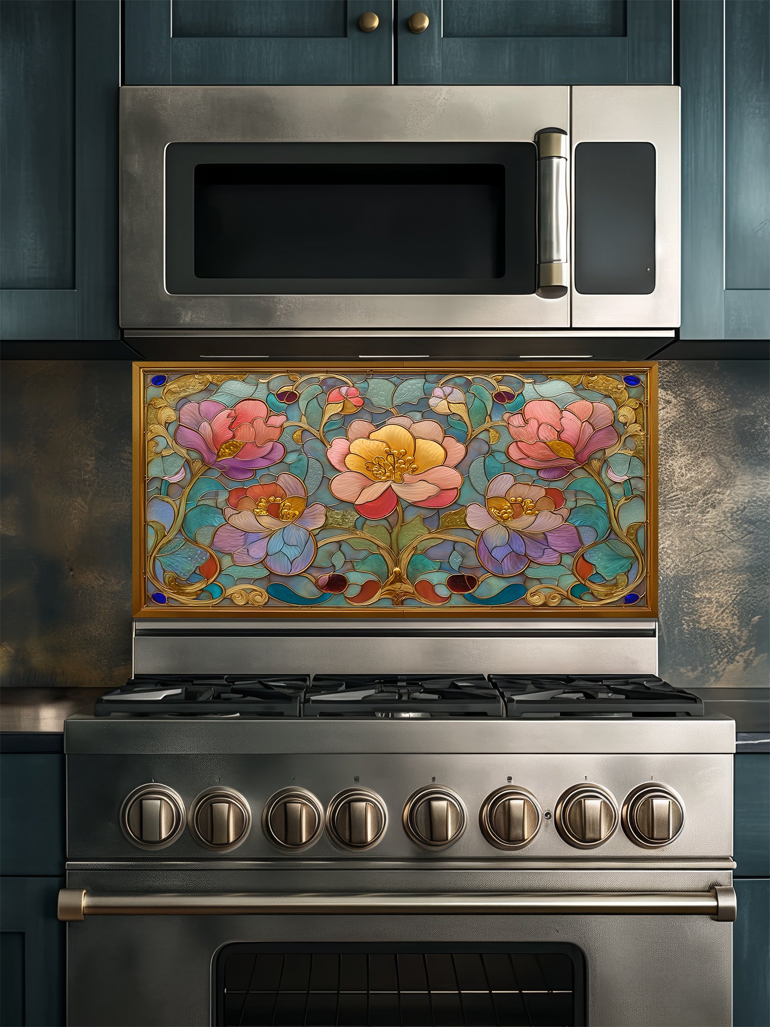 Stained glass style Art Nouveau floral pattern with pink and gold flowers inside an ornate faux-gold frame, UV printed on a smooth tempered glass kitchen backsplash, installed behind a modern stove.