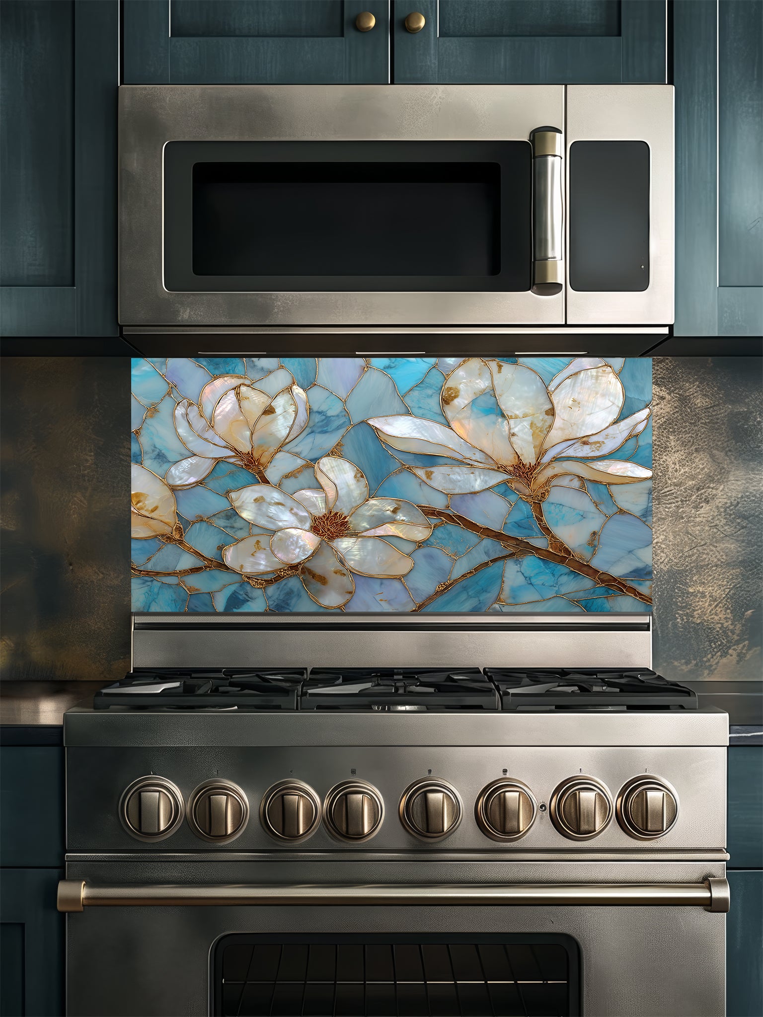 Stained glass style white magnolia flowers with gold veining on a beautiful cracked blue agate background, UV printed on a smooth tempered glass kitchen backsplash, installed behind a modern stove.
