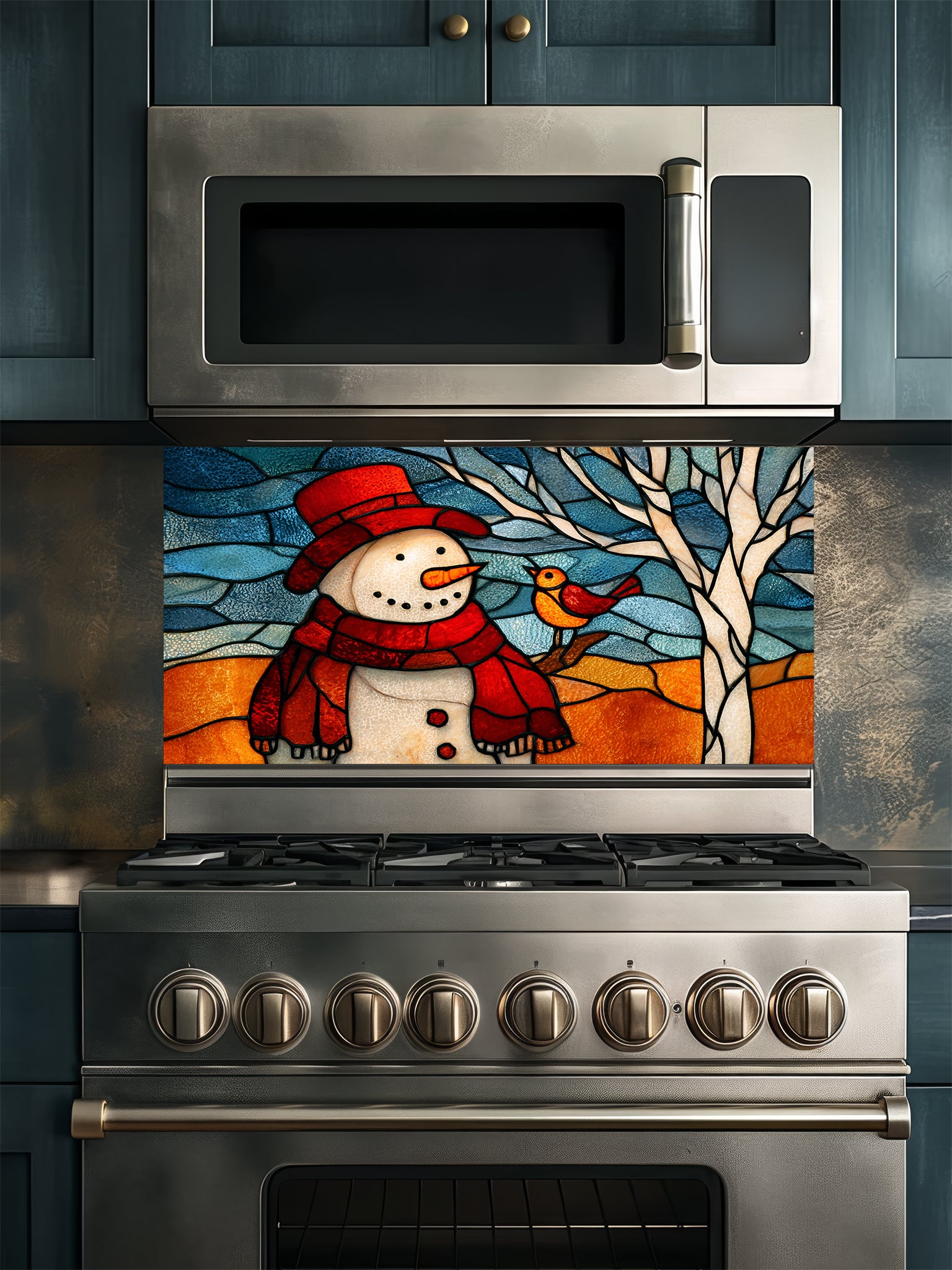 Tempered glass kitchen backsplash featuring a highly realistic 3D illusion of stained glass art showing a cheerful snowman in a red hat and a cute little bird perched on a winter tree against a frosty blue and amber background, installed behind a modern black stove.
