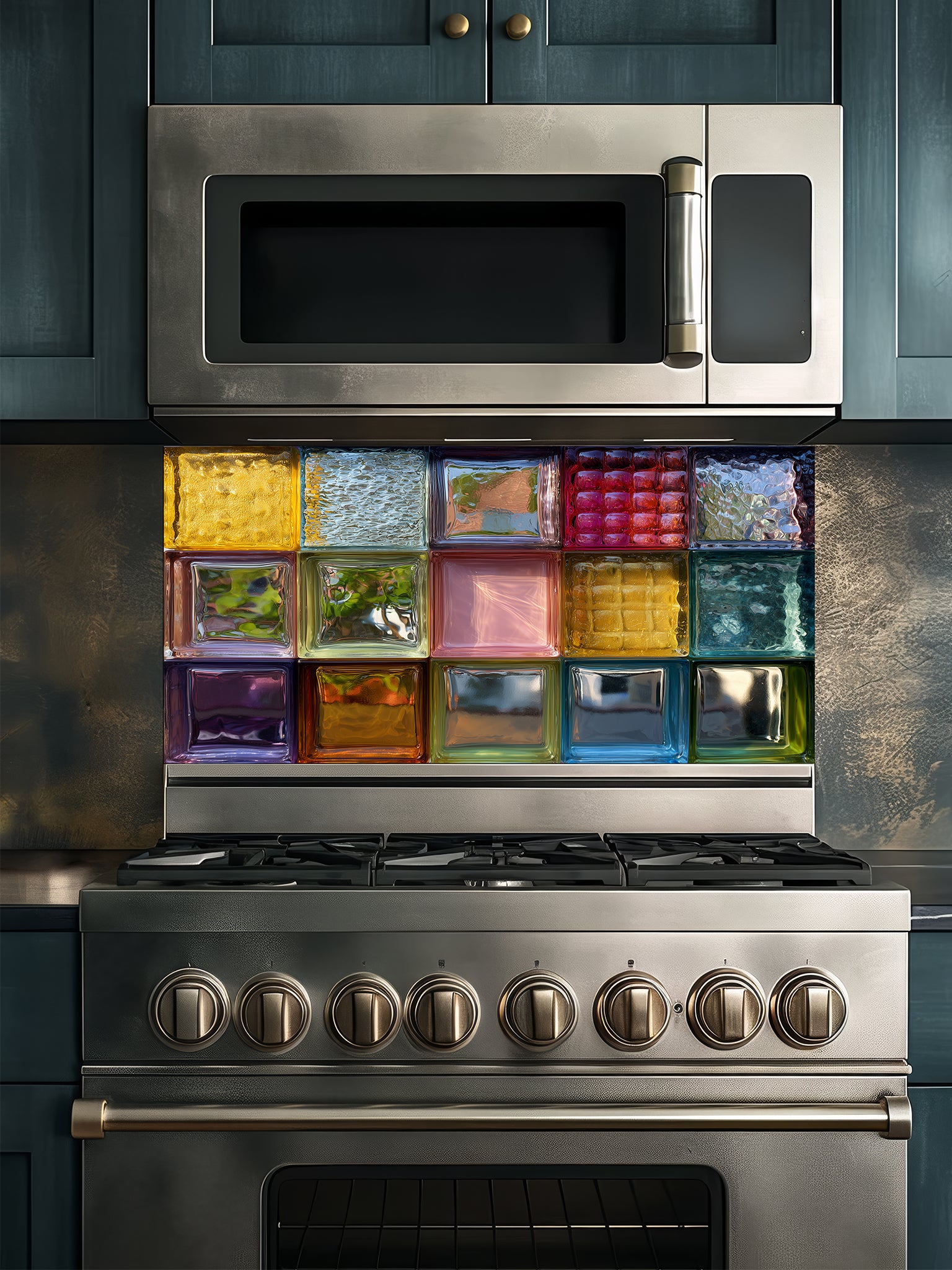Tempered glass kitchen backsplash featuring a highly realistic 3D illusion of colorful, textured retro glass blocks in vibrant shades of blue, pink, amber, and green, installed behind a modern stainless steel stove.