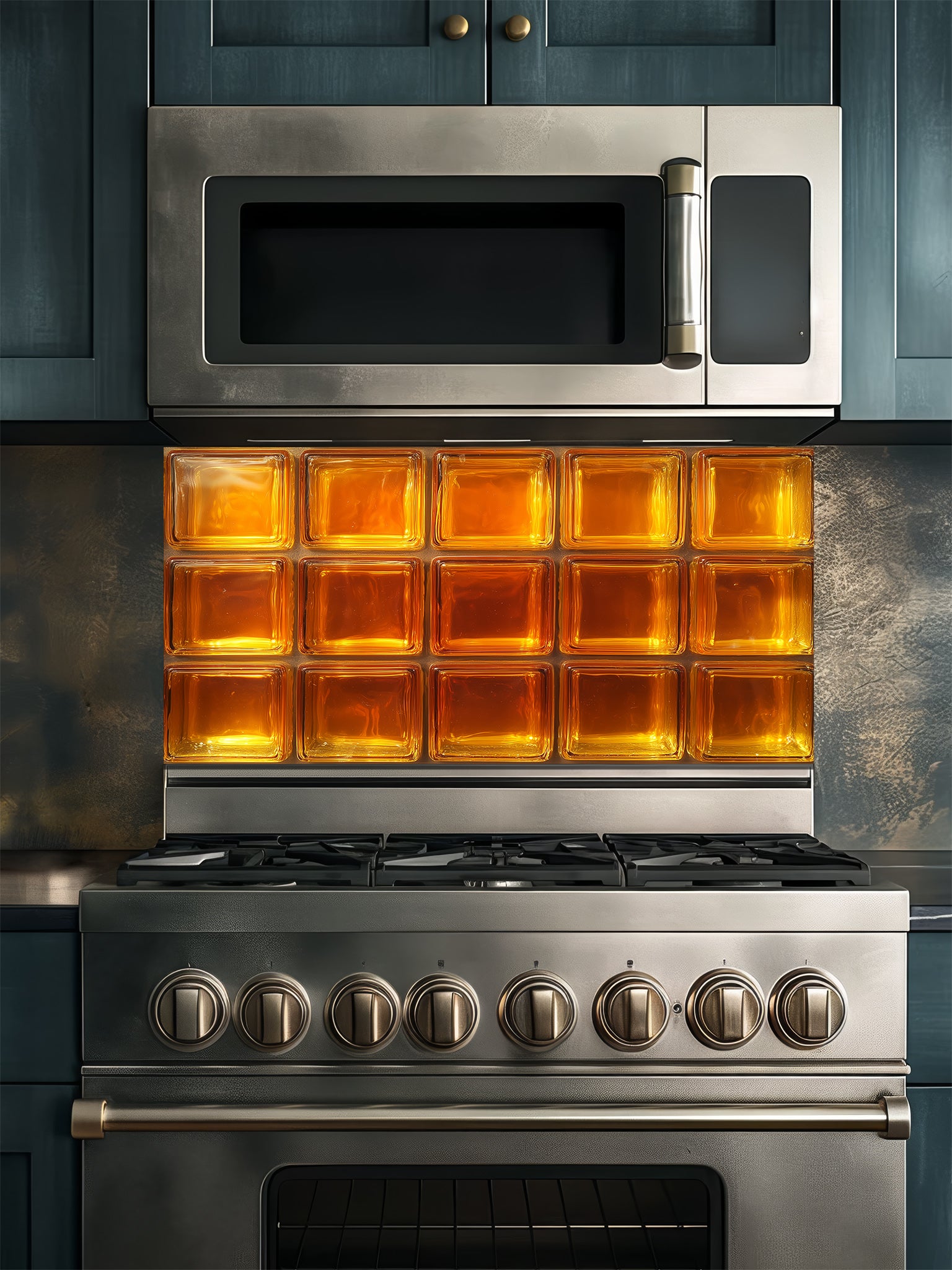 A retro-style kitchen featuring a tempered glass backsplash with a highly realistic faux amber glass block design, giving a warm glowing illusion behind a modern black stove.