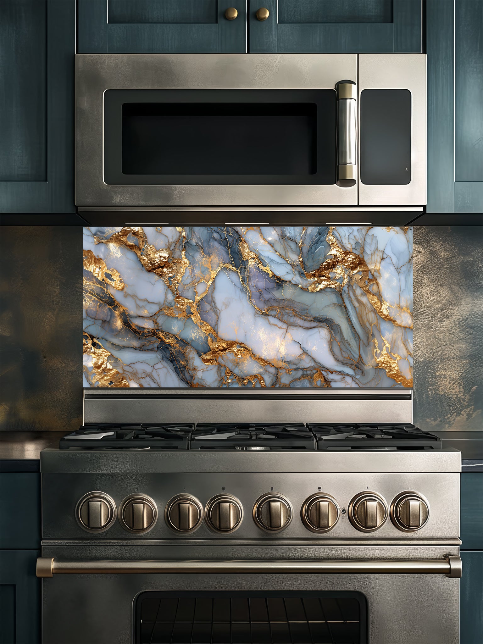 Tempered glass kitchen backsplash featuring a highly realistic 3D-effect design of flowing liquid gold waves cascading across a sophisticated blue and grey marble resin-style background, installed behind a modern stainless steel stove.