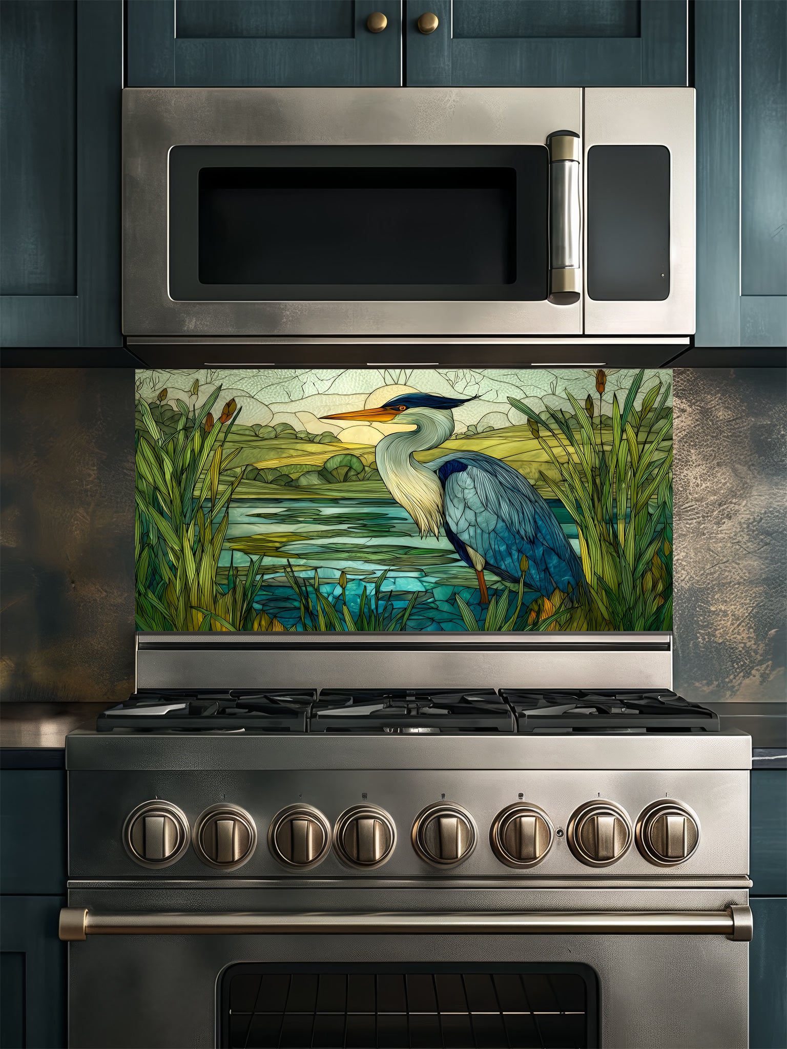 Tempered glass kitchen backsplash featuring a highly realistic 3D illusion of stained glass art showing a majestic blue heron standing in a serene wetland marsh with green cattails and a tranquil lake, installed behind a modern stainless steel stove.