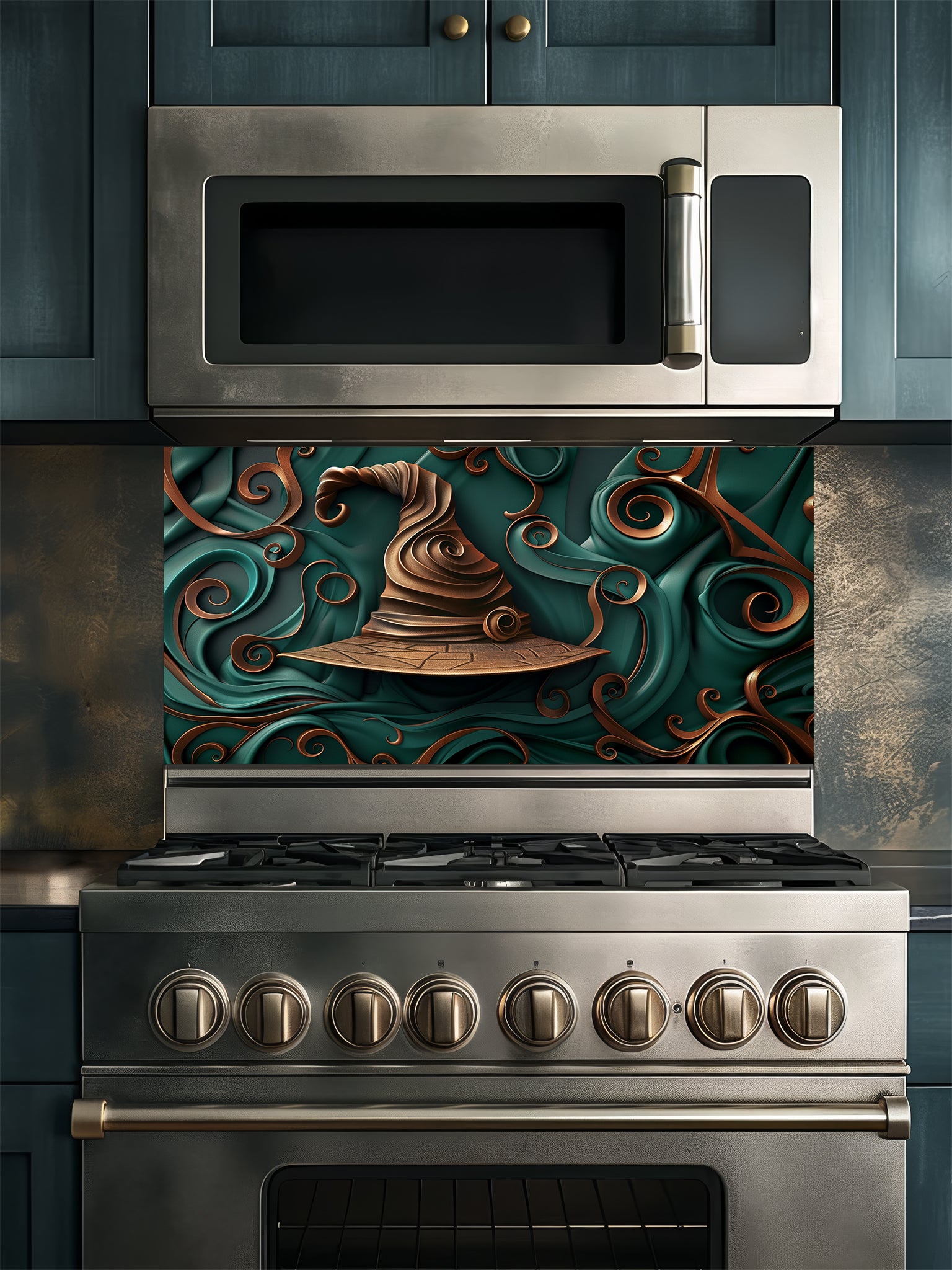 Tempered glass kitchen backsplash featuring a highly realistic 3D illusion of a sculpted, crooked bronze witch hat surrounded by heavy, flowing emerald green and copper ribbon-like swirls, installed behind a modern black stove.