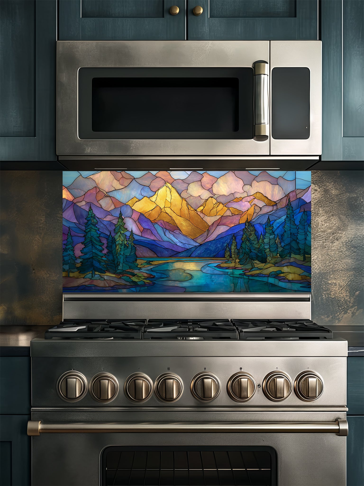A cozy kitchen featuring a tempered glass backsplash with a beautiful stained glass effect landscape, showcasing majestic mountains, pine trees, and a winding river at sunset, installed behind a modern stainless steel stove.