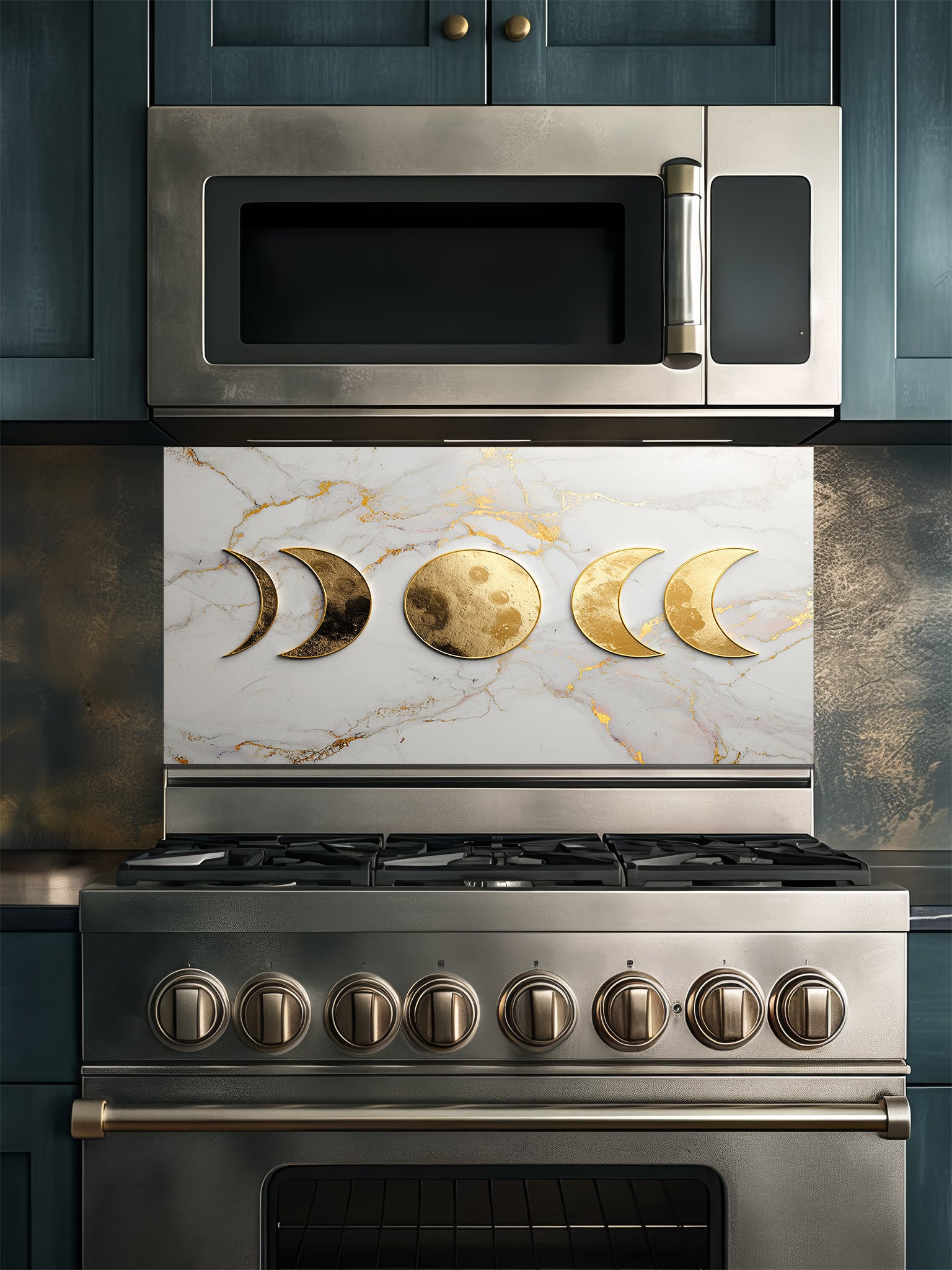 Faux 3D effect textured metallic gold moon phases on an elegant white and gold veined marble background, UV printed on a smooth tempered glass kitchen backsplash, installed behind a modern stove.